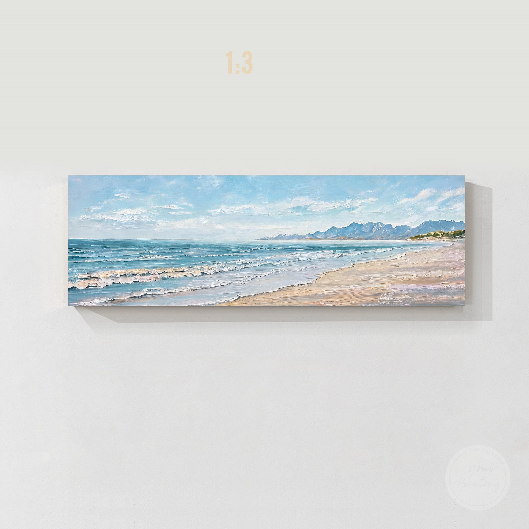 Scenic seaside wall art with beach and mountain view
