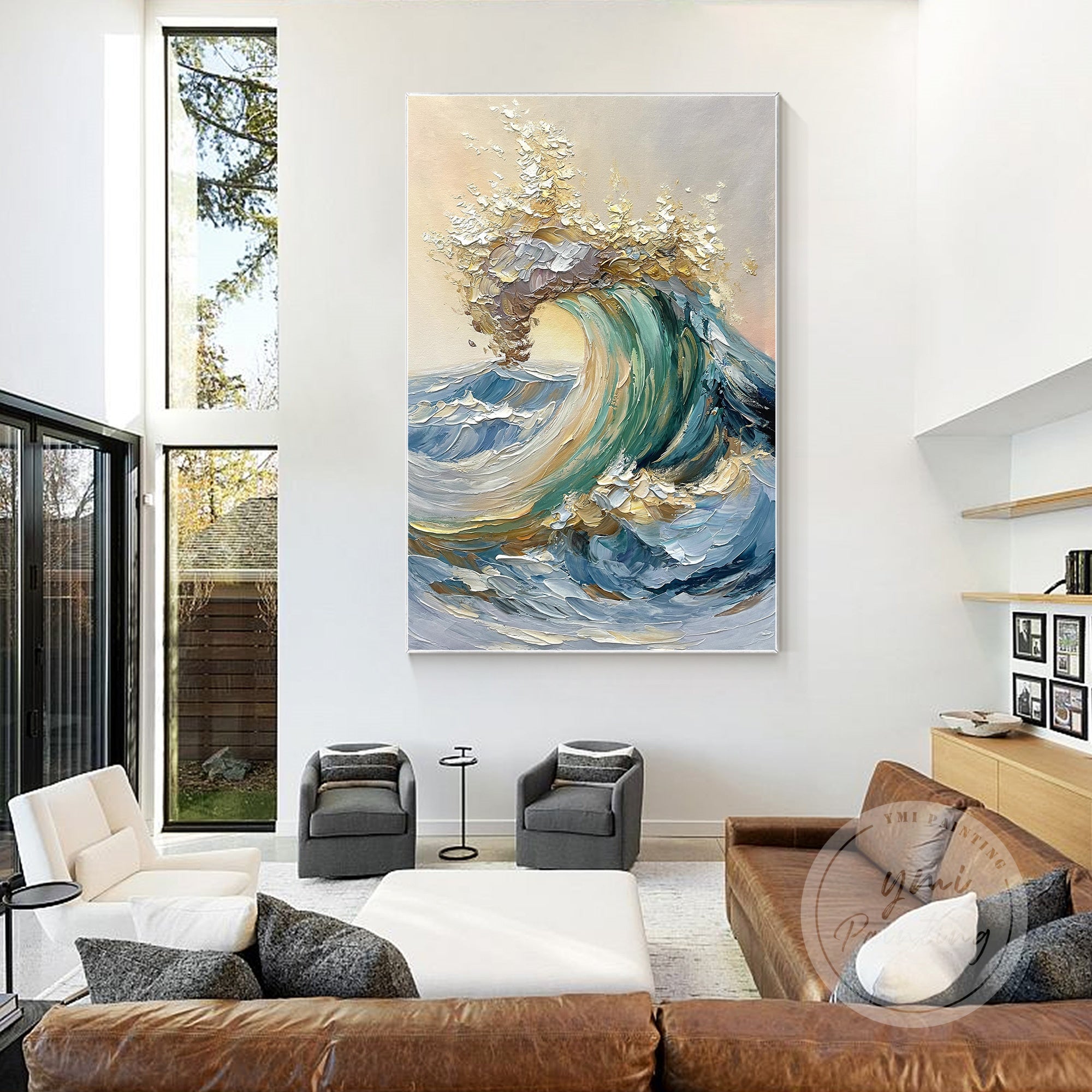 Ocean wave painting with golden accents and textured brushstrokes