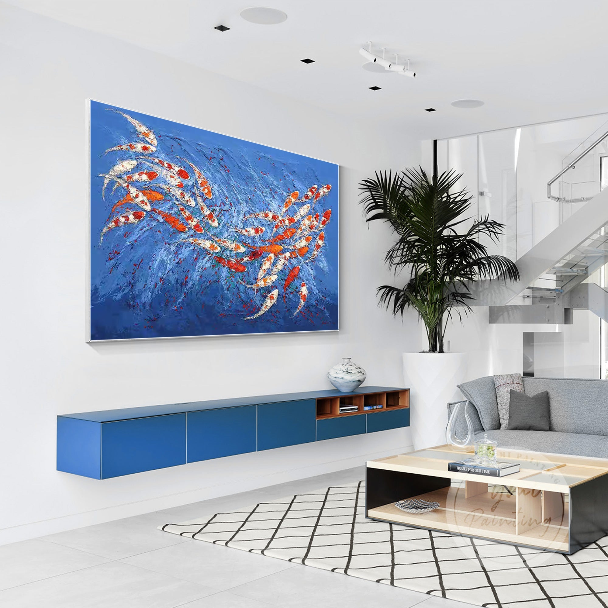 Dynamic painting of koi fish swimming in blue water