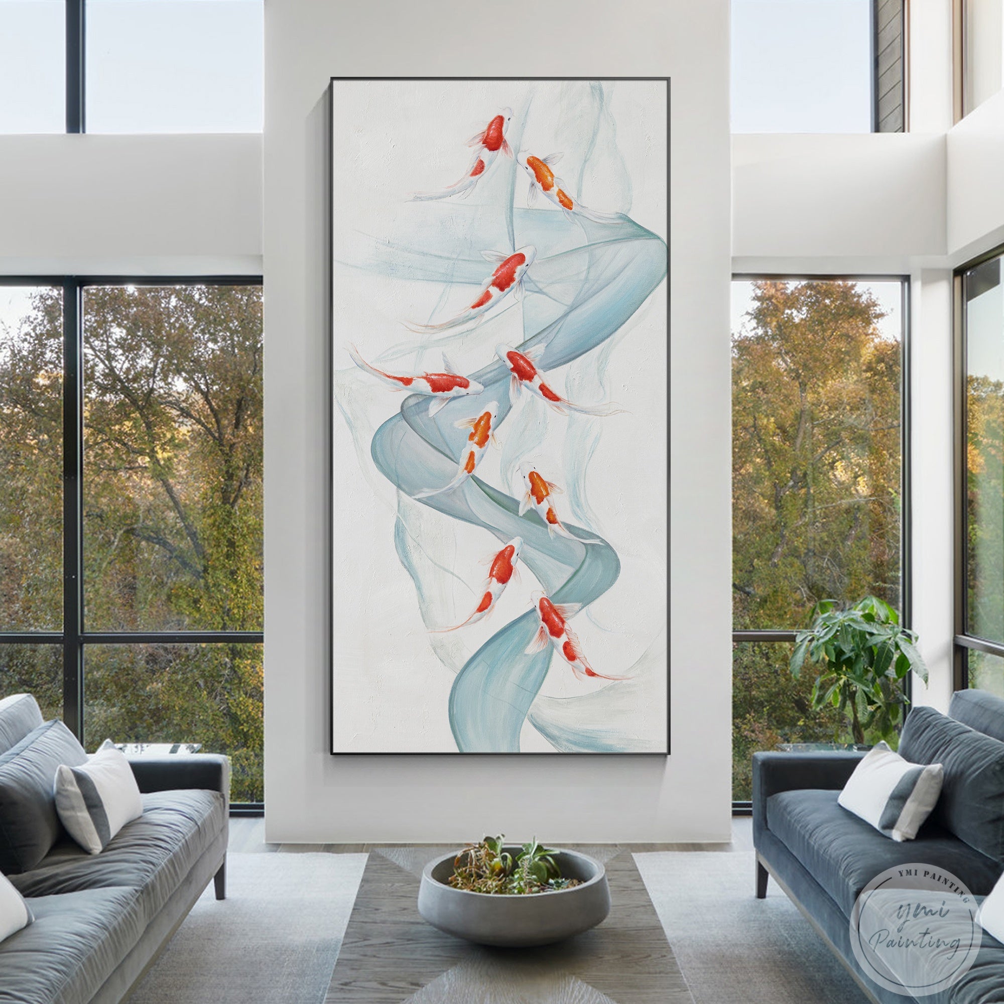 Large framed 9 koi fish painting with ribbon-like blue water flow displayed in a modern interior.