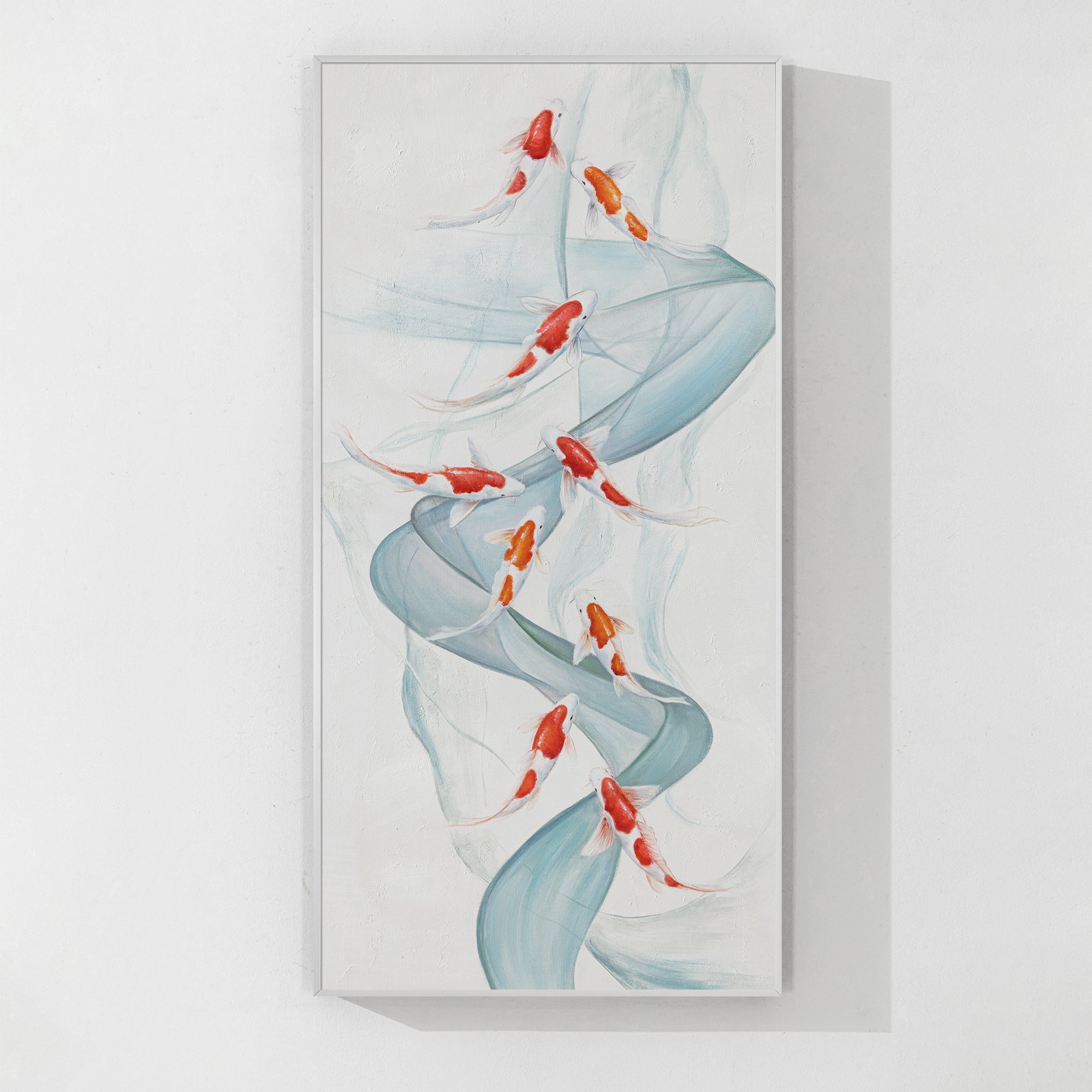 Original 9 Koi Fish Painting with Blue Ribbon Water Feng Shui Wall Art