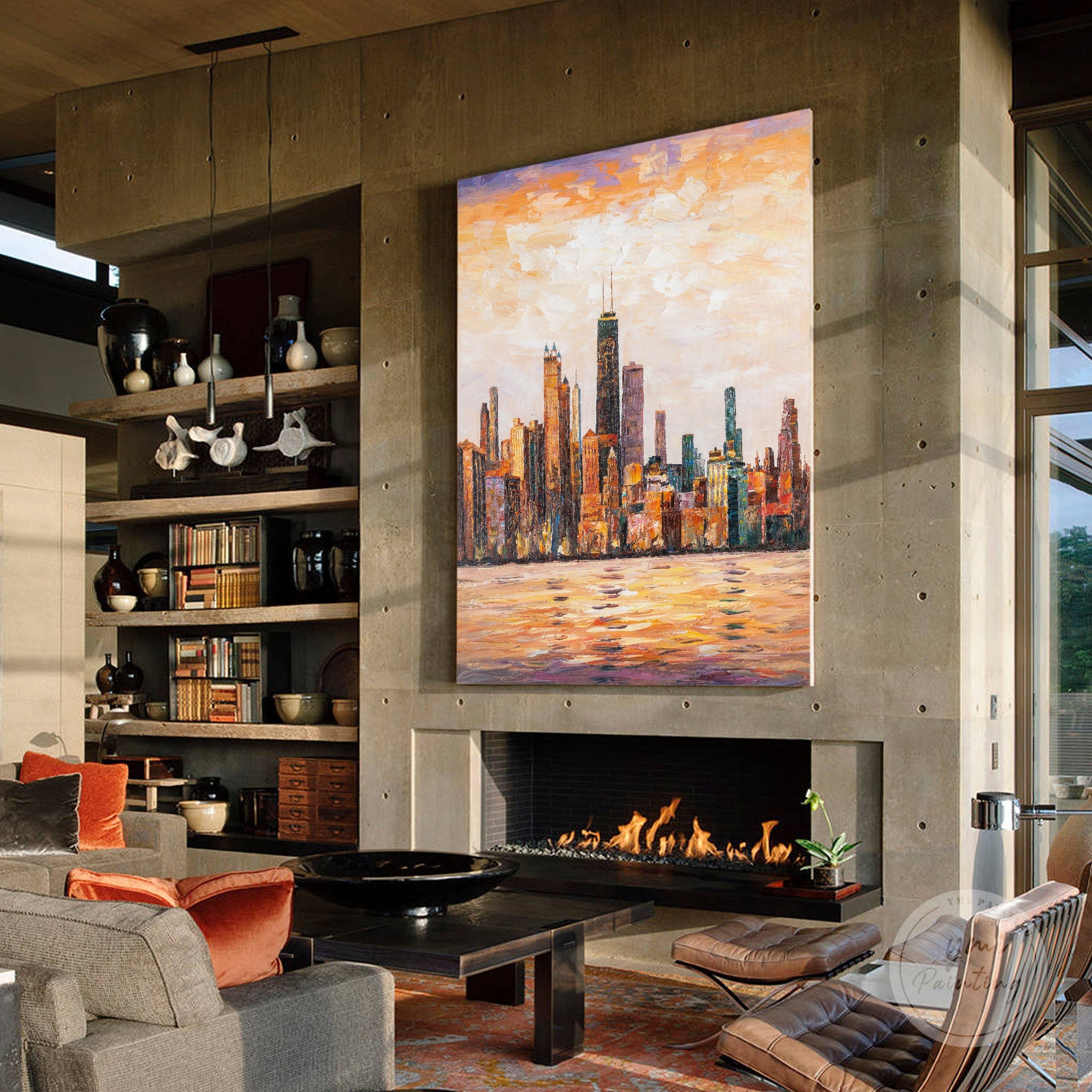 Original canvas art of Chicago, featuring the city’s iconic skyline, hand-painted with energetic brushstrokes.