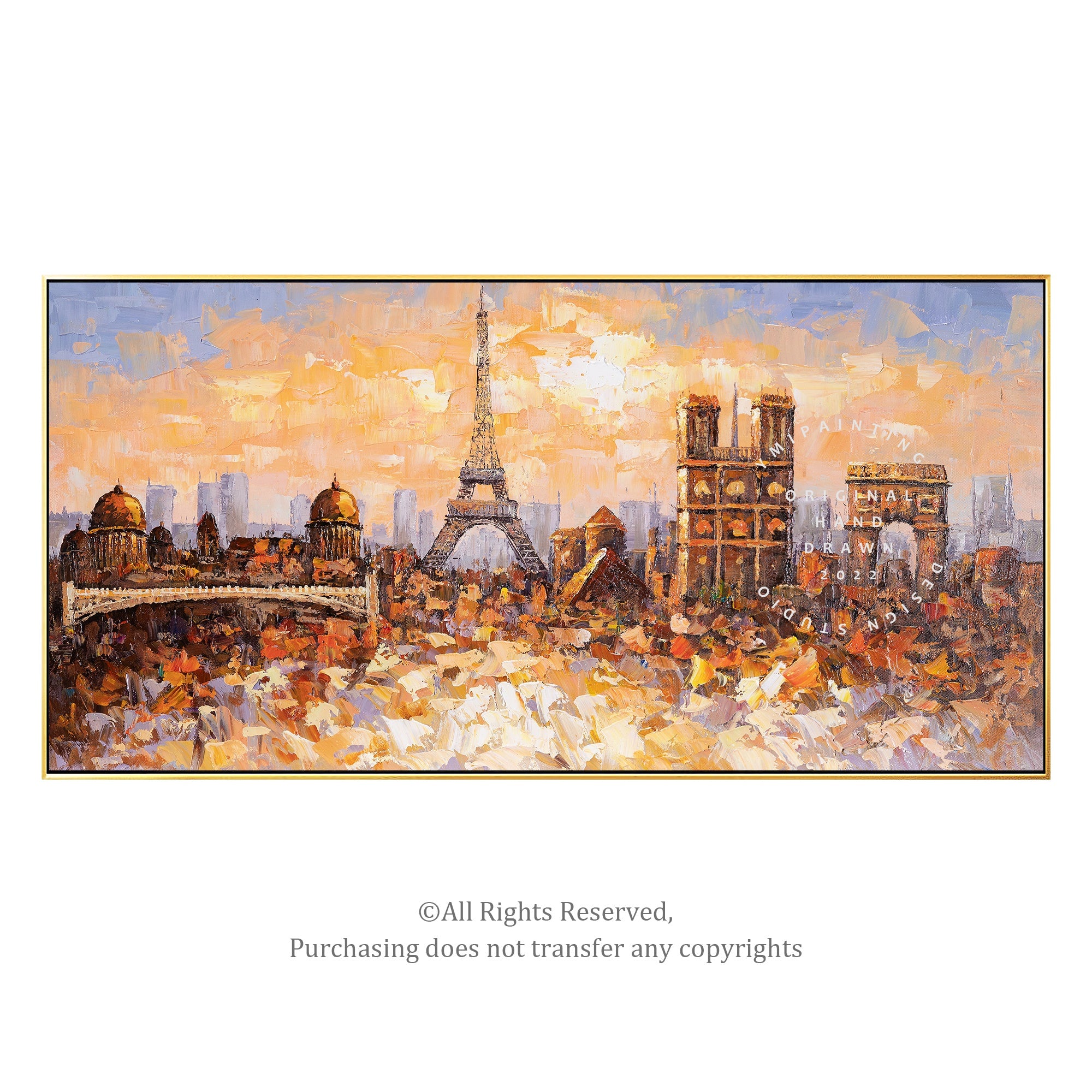 Hand-painted Eiffel Tower cityscape oil painting, adding Parisian charm to any modern home decor.