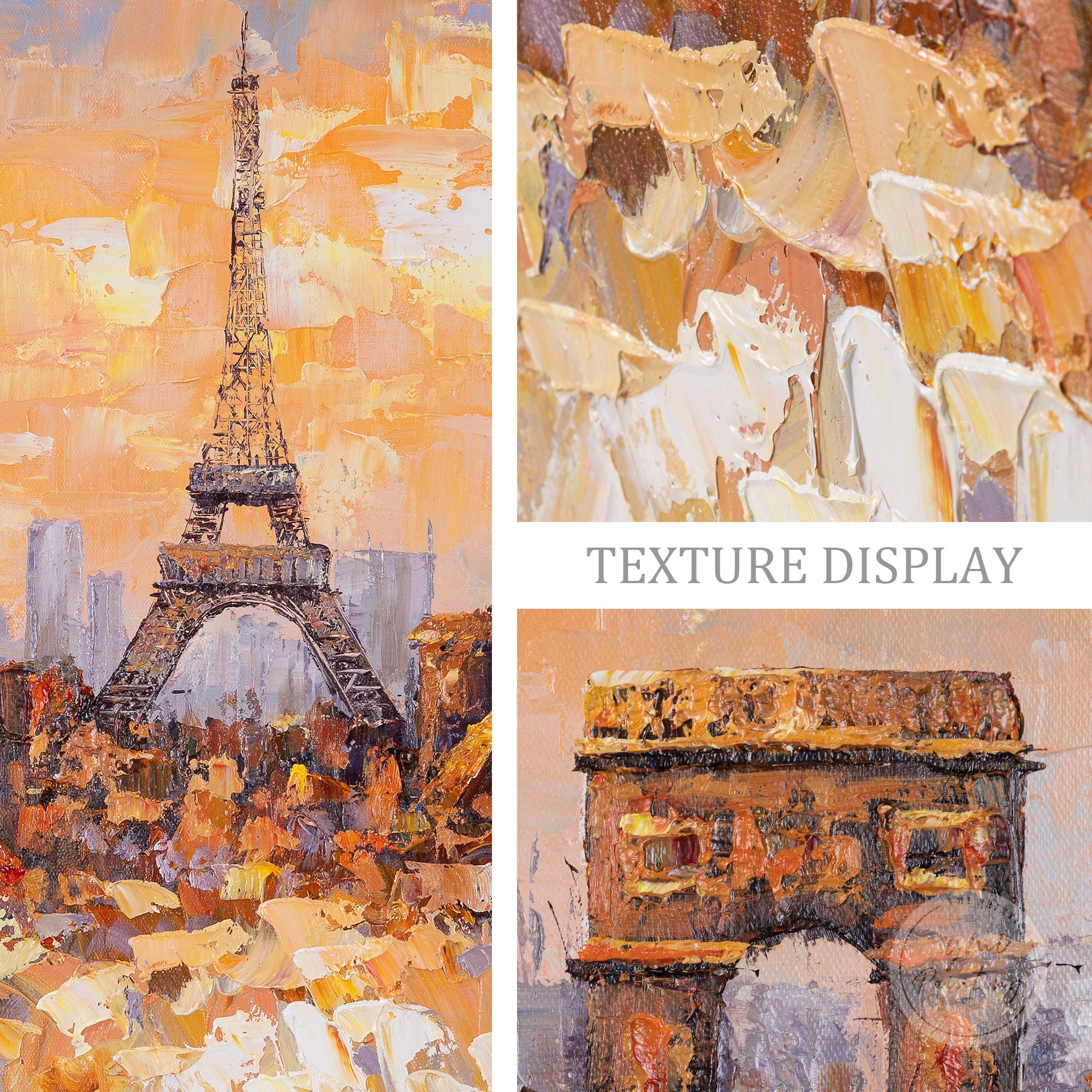 Original oil painting of the Eiffel Tower, with textured details and dynamic strokes depicting the Paris skyline.