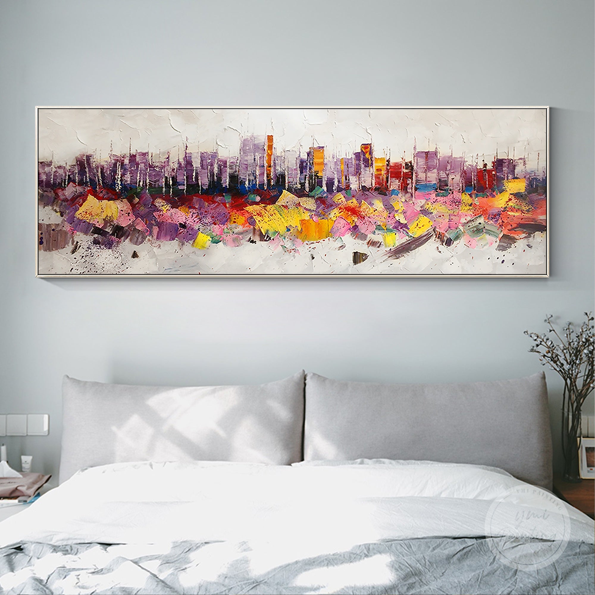 Hand-painted New York cityscape, featuring the iconic skyline in dynamic impasto texture on canvas.