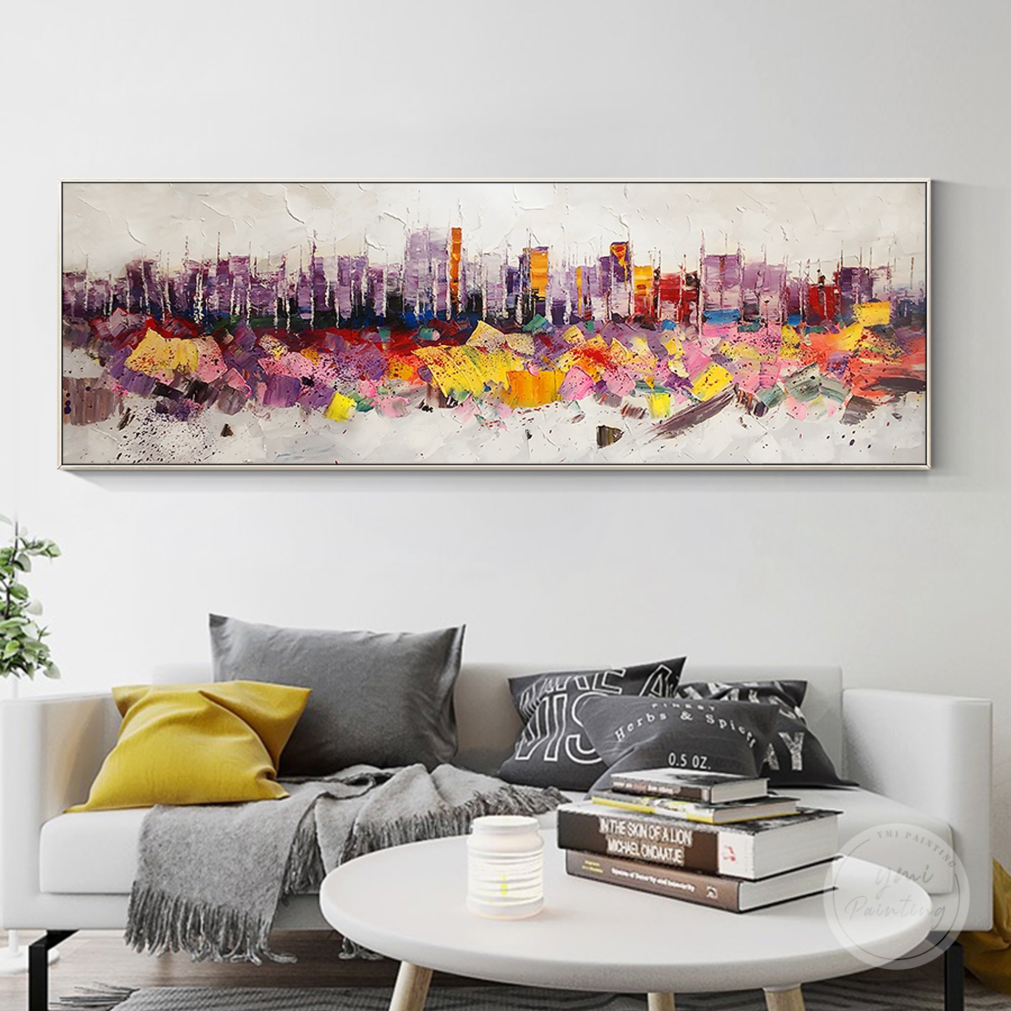 Impasto New York skyline oil painting, showcasing bold brushstrokes and rich textures.