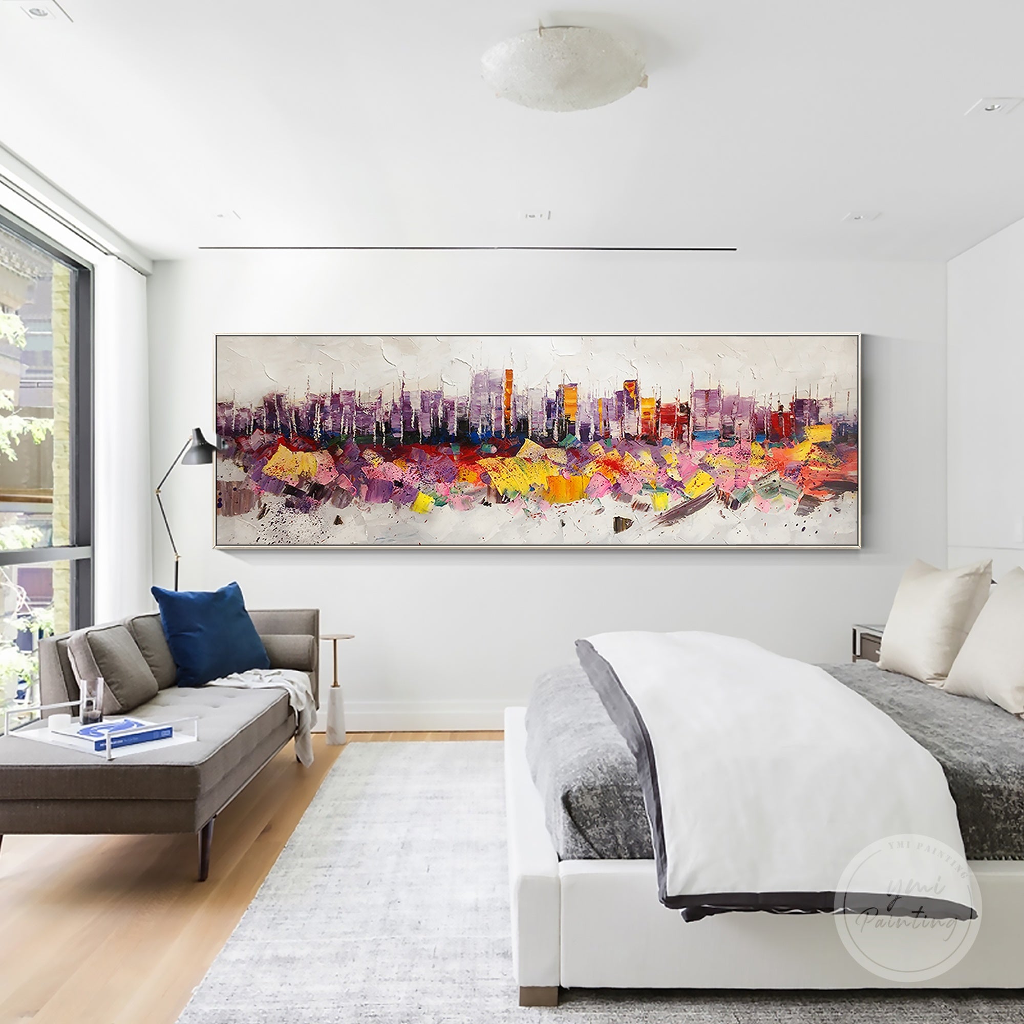 Original New York skyline oil painting, hand-painted on canvas with expressive impasto strokes.
