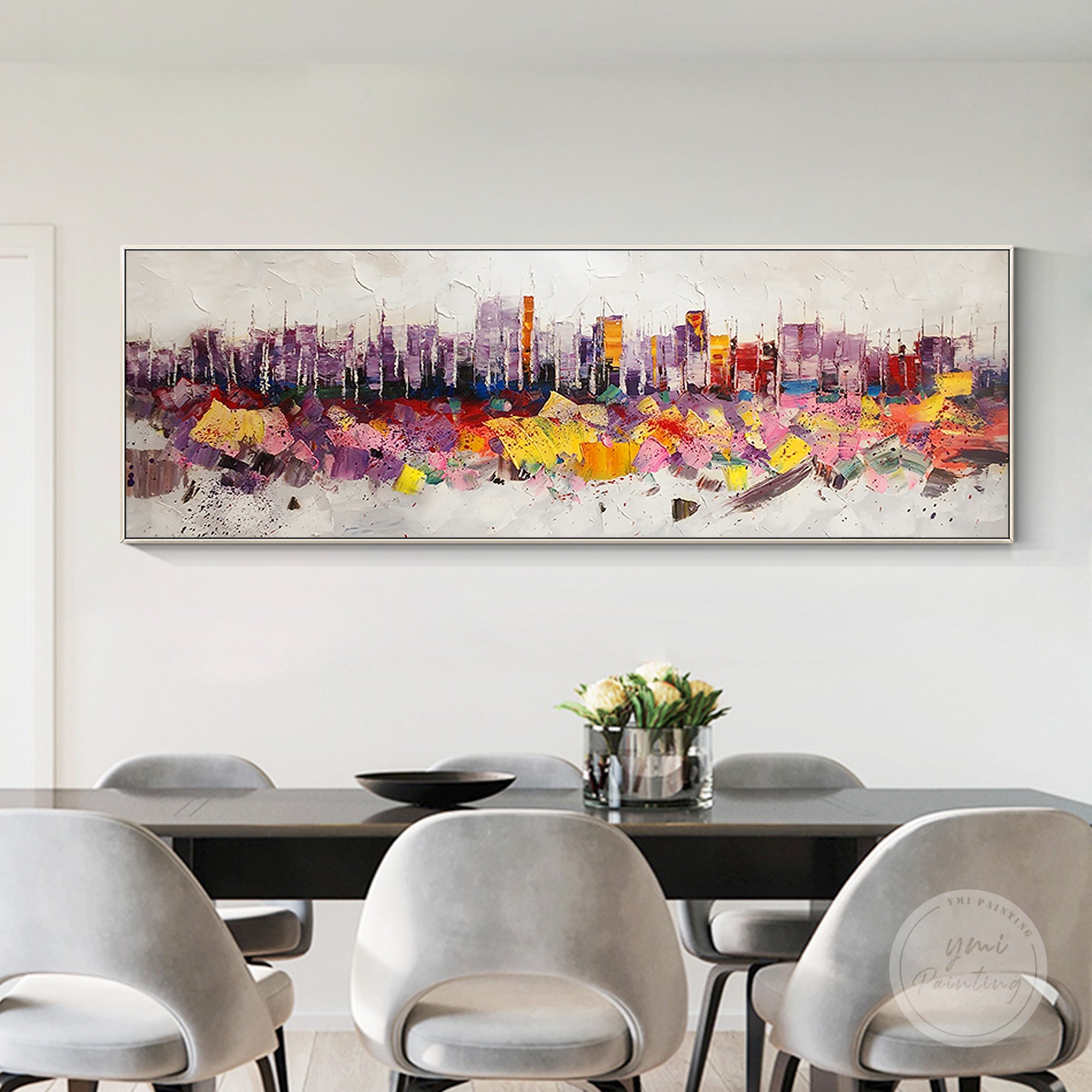 New York skyline oil painting with impasto texture, creating a dramatic and modern cityscape on canvas.