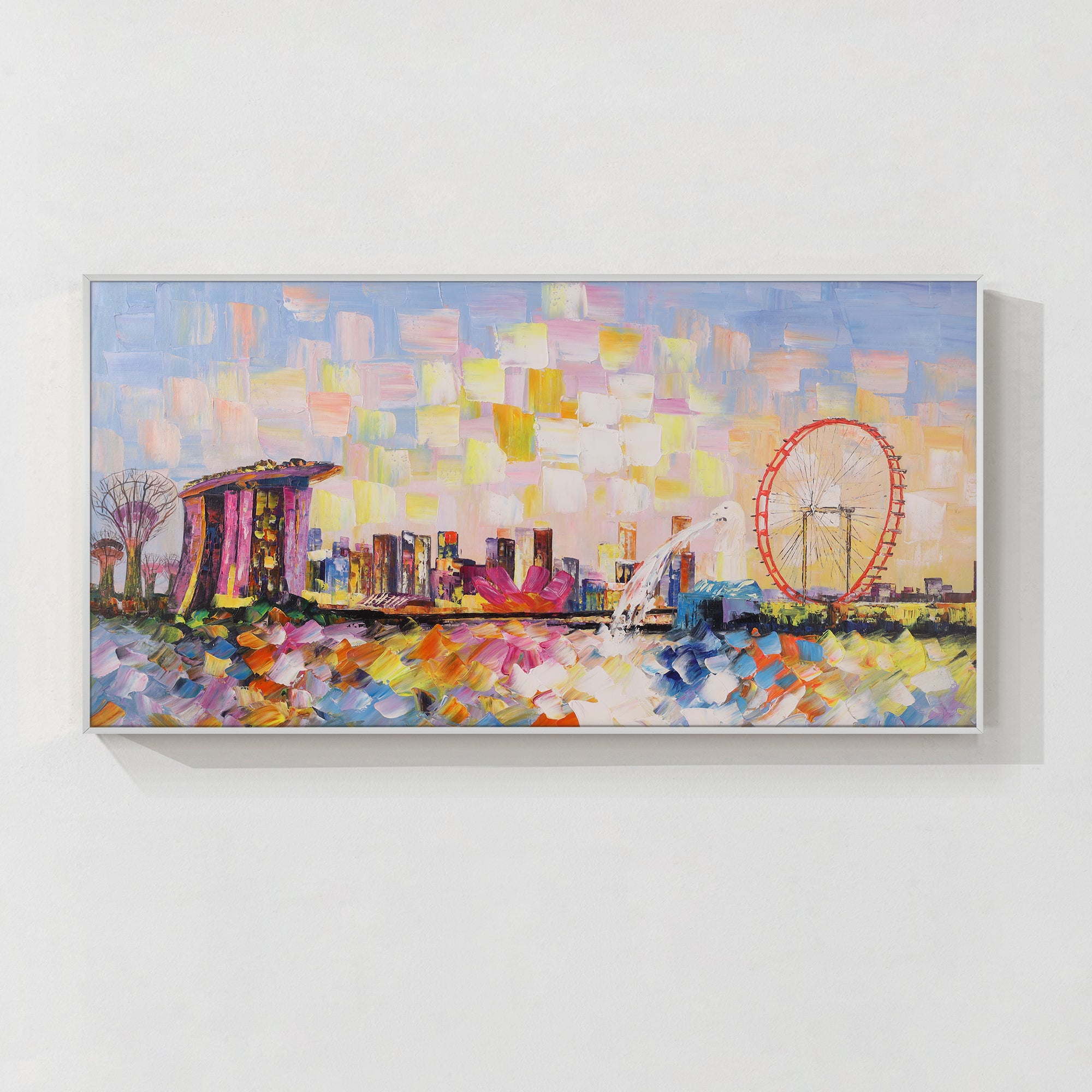 Original Singapore skyline oil painting, featuring the colorful Marina Bay cityscape with dynamic brushwork.
