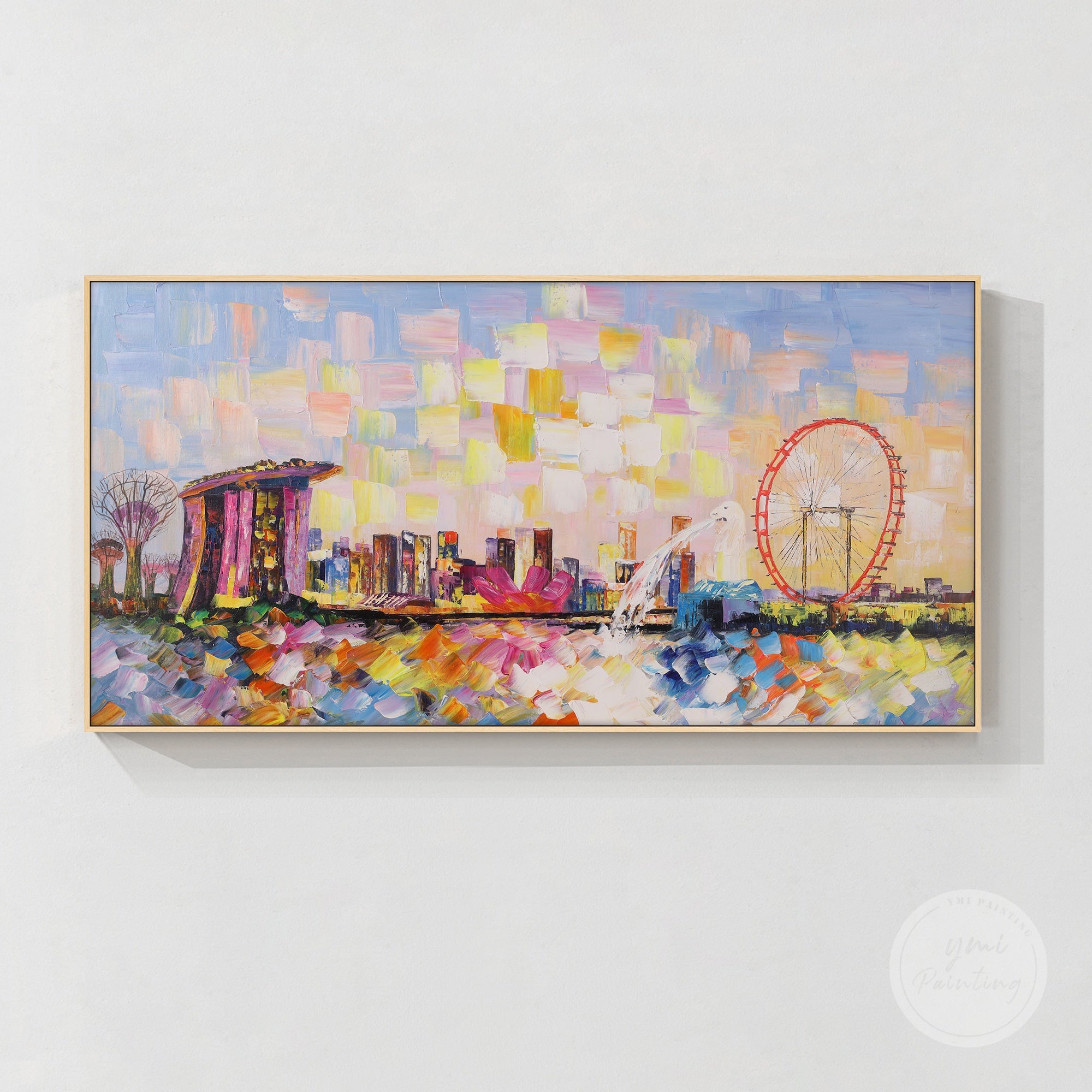Original oil painting of Marina Bay in Singapore, with bold colors and striking cityscape design.