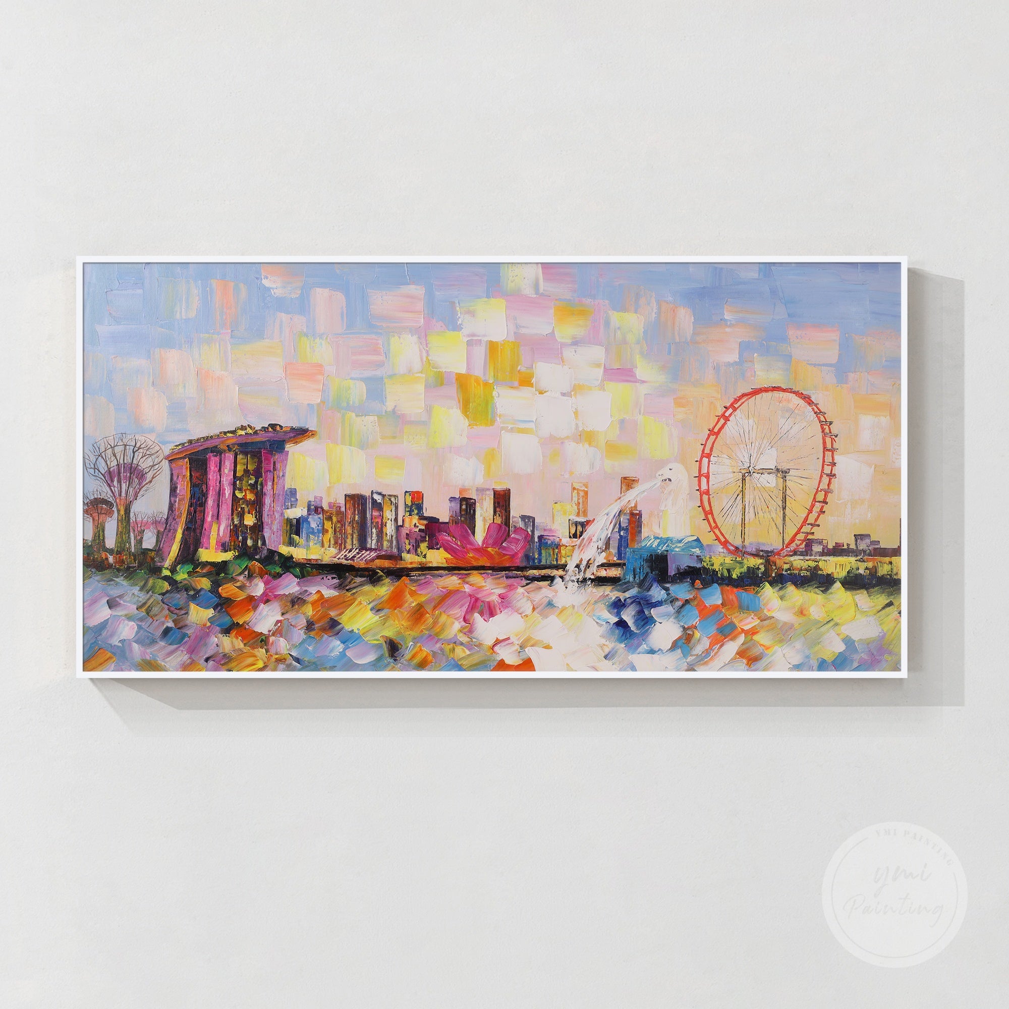 Singapore cityscape wall art, colorful Marina Bay skyline with rich oil textures on canvas.