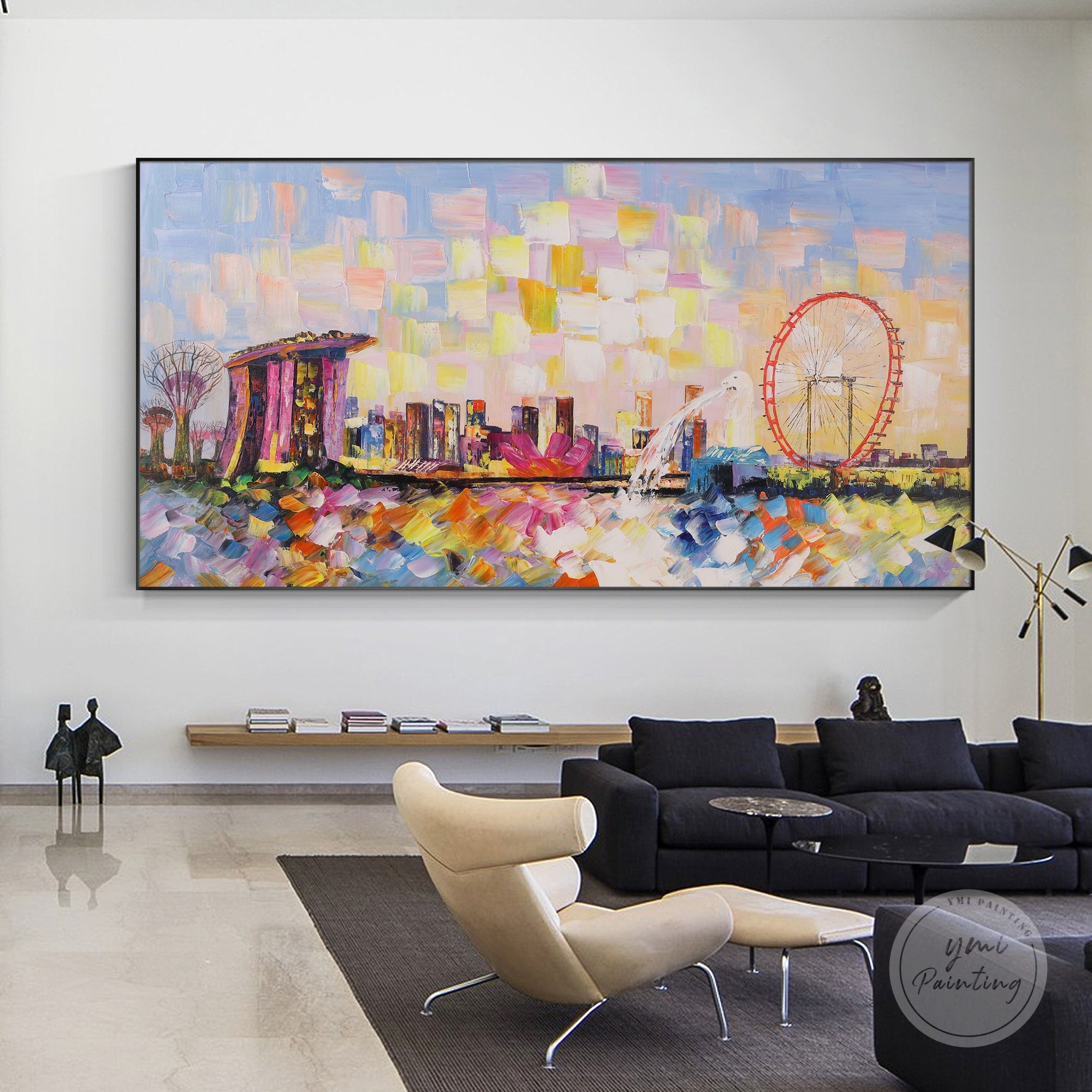 Vibrant Singapore skyline oil painting, capturing the beauty of Marina Bay with expressive brushwork.