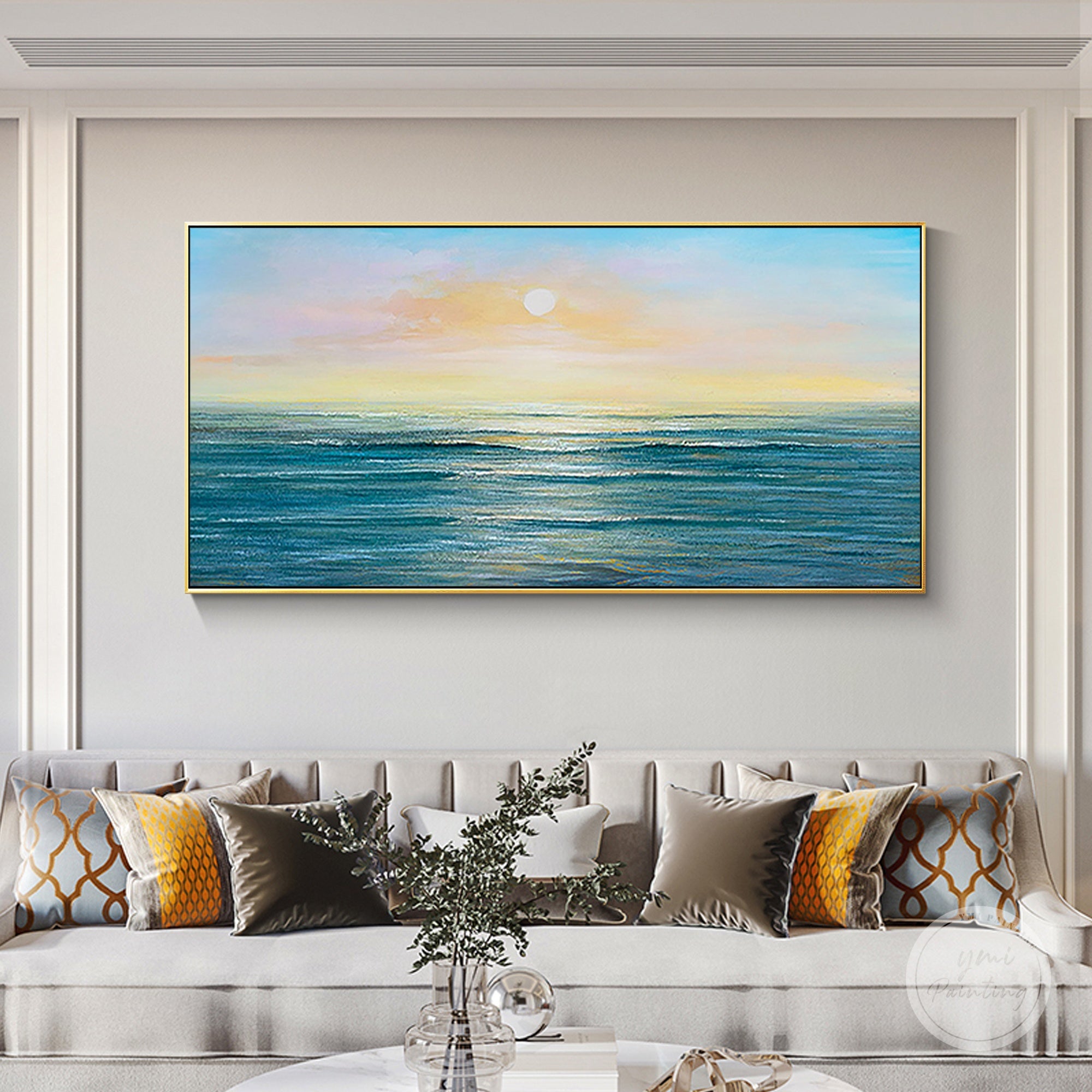 Textured acrylic ocean sunset painting decorating bright minimalist living room