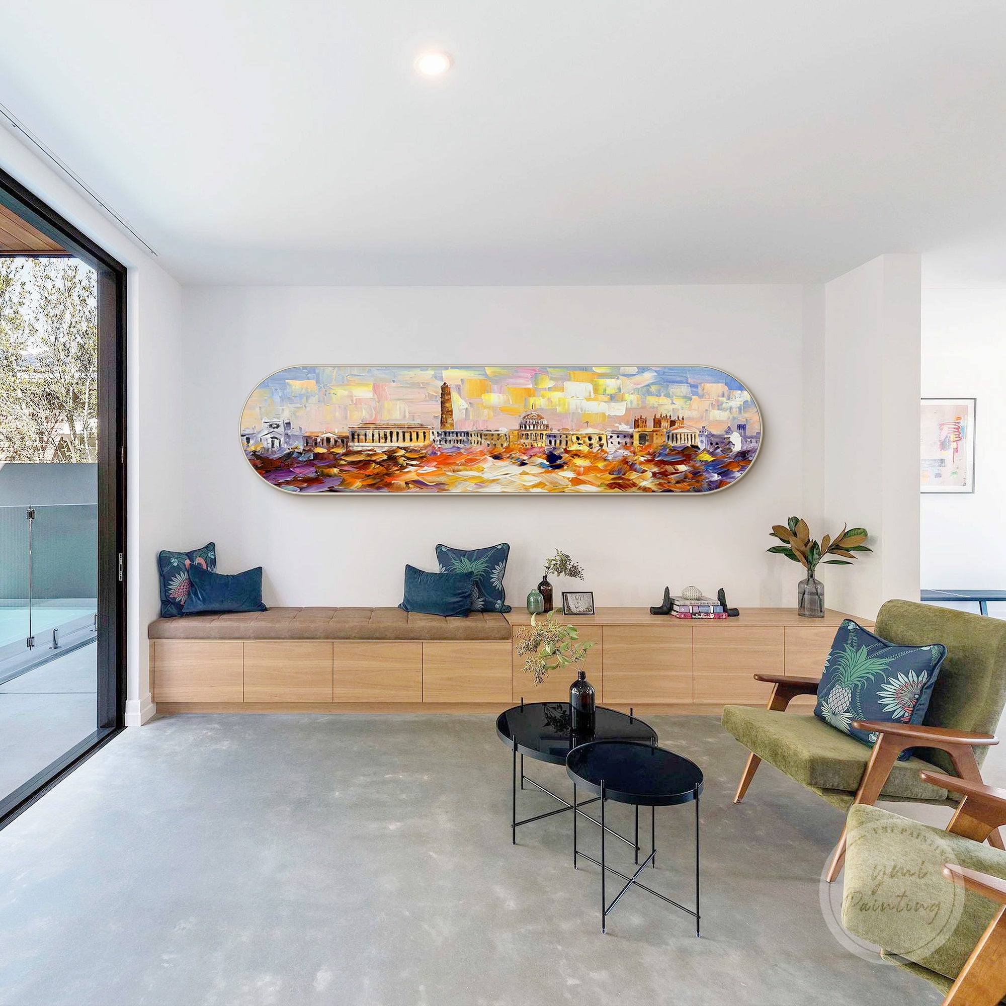 Washington DC skyline art, vibrant cityscape painting with expressive brushstrokes and iconic landmarks.