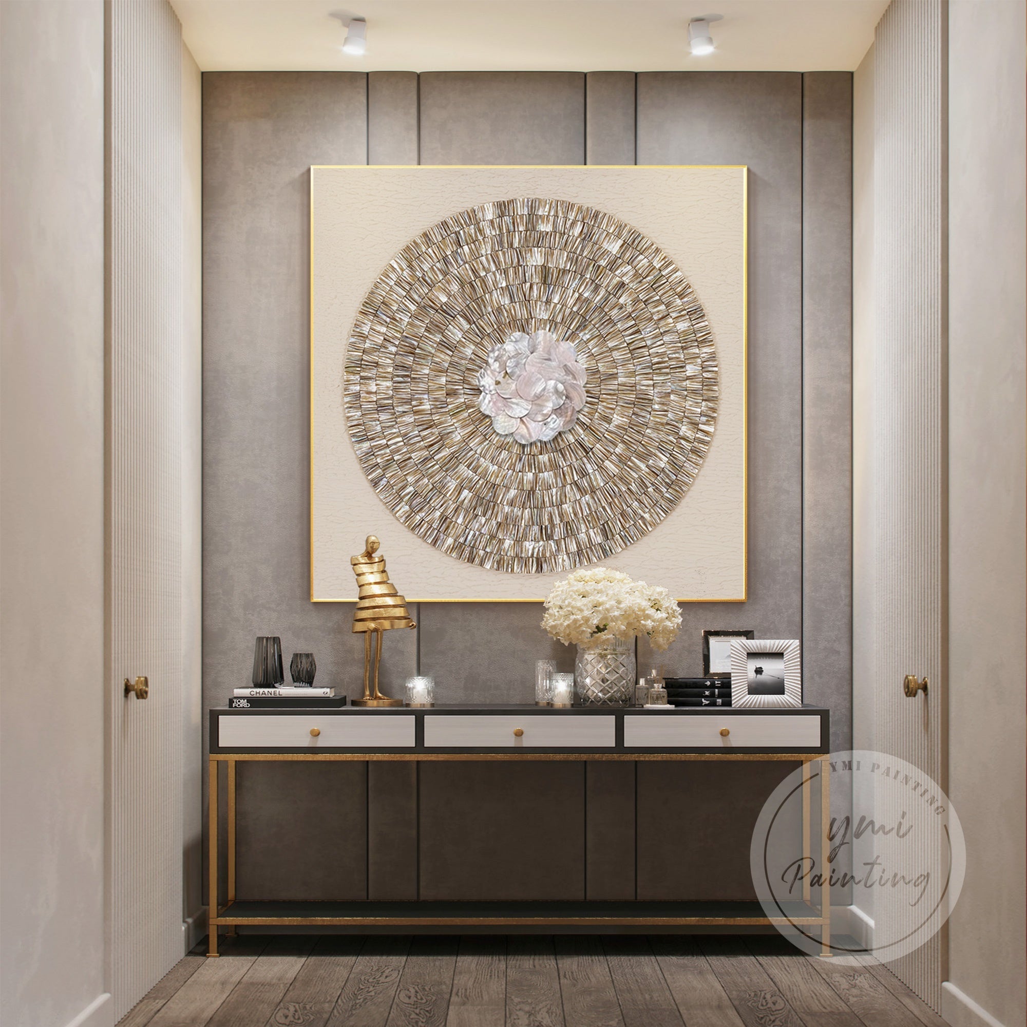 Handmade 3D oyster shell art with beige capiz tones and natural textures.