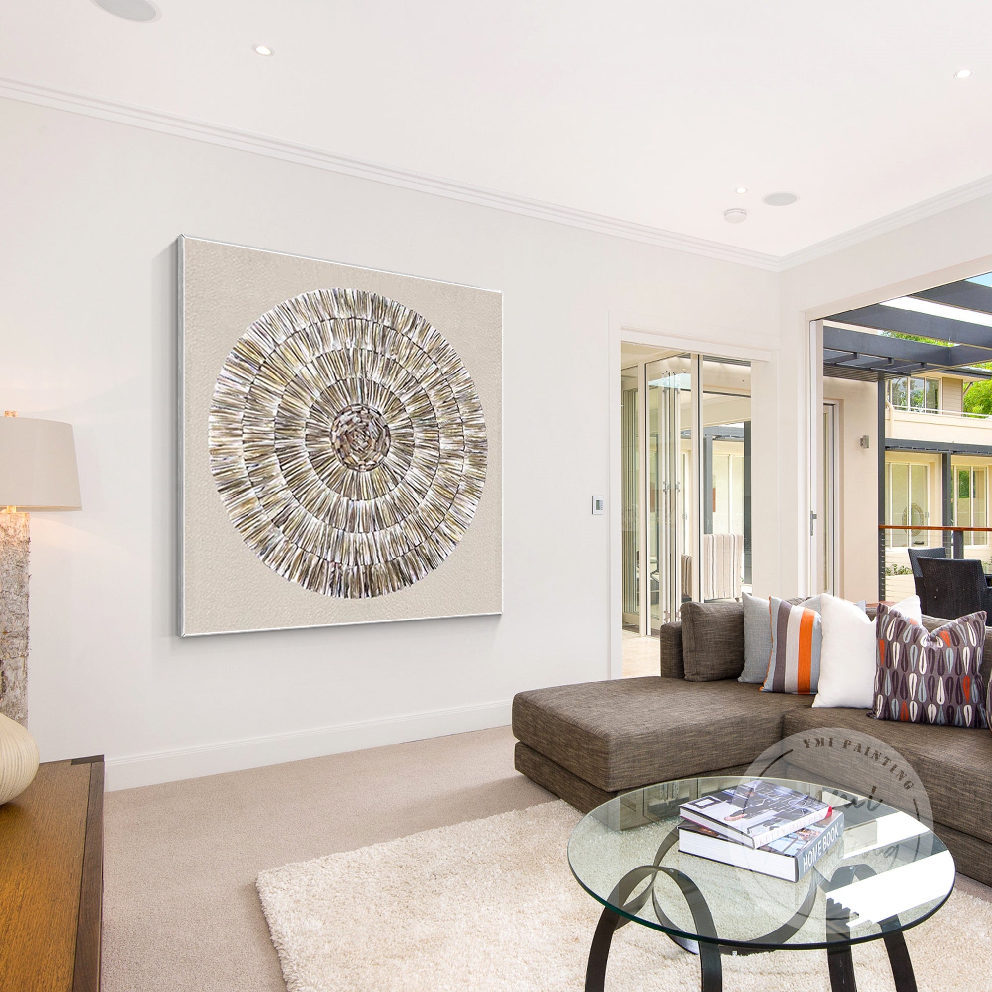 3D Shell Art on neutral gray background, combining golden hues and oyster shell elements for a refined, earthy statement piece.
