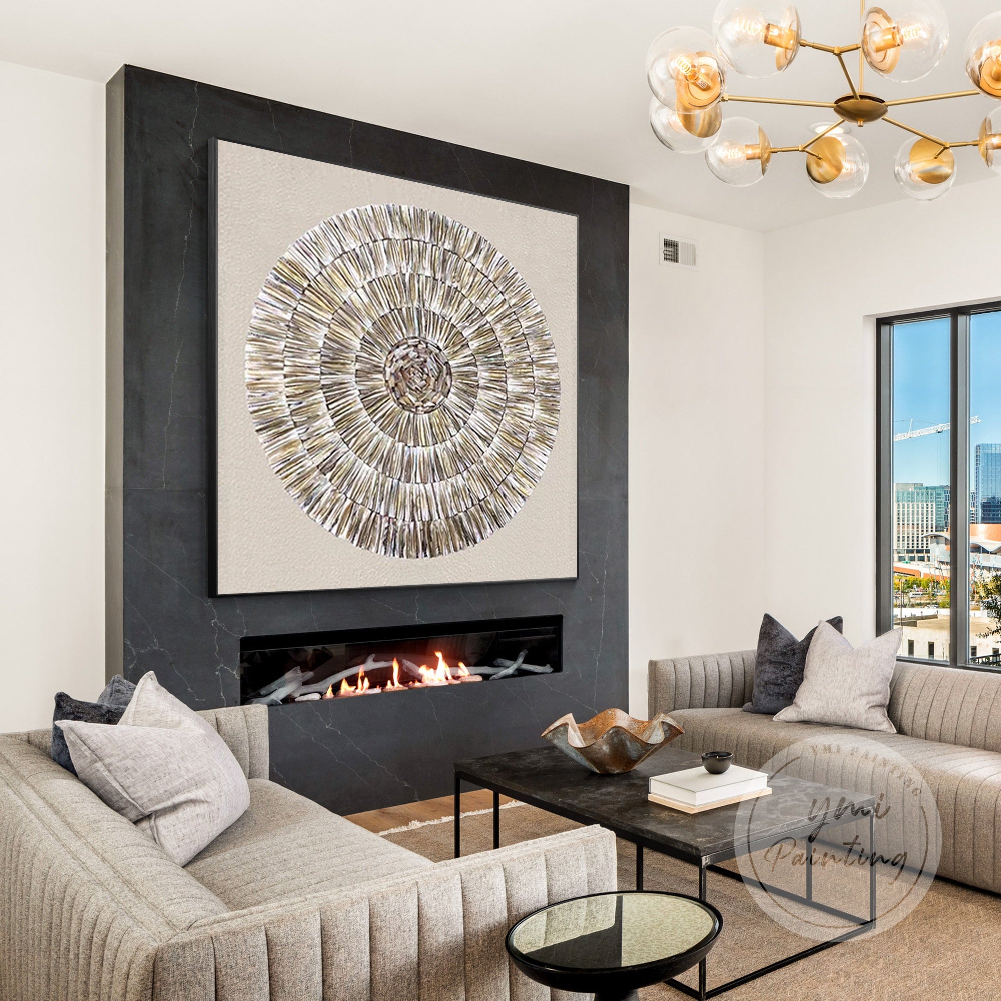Original Sea Shell Painting with oyster shells arranged in a minimalist wabi-sabi aesthetic.