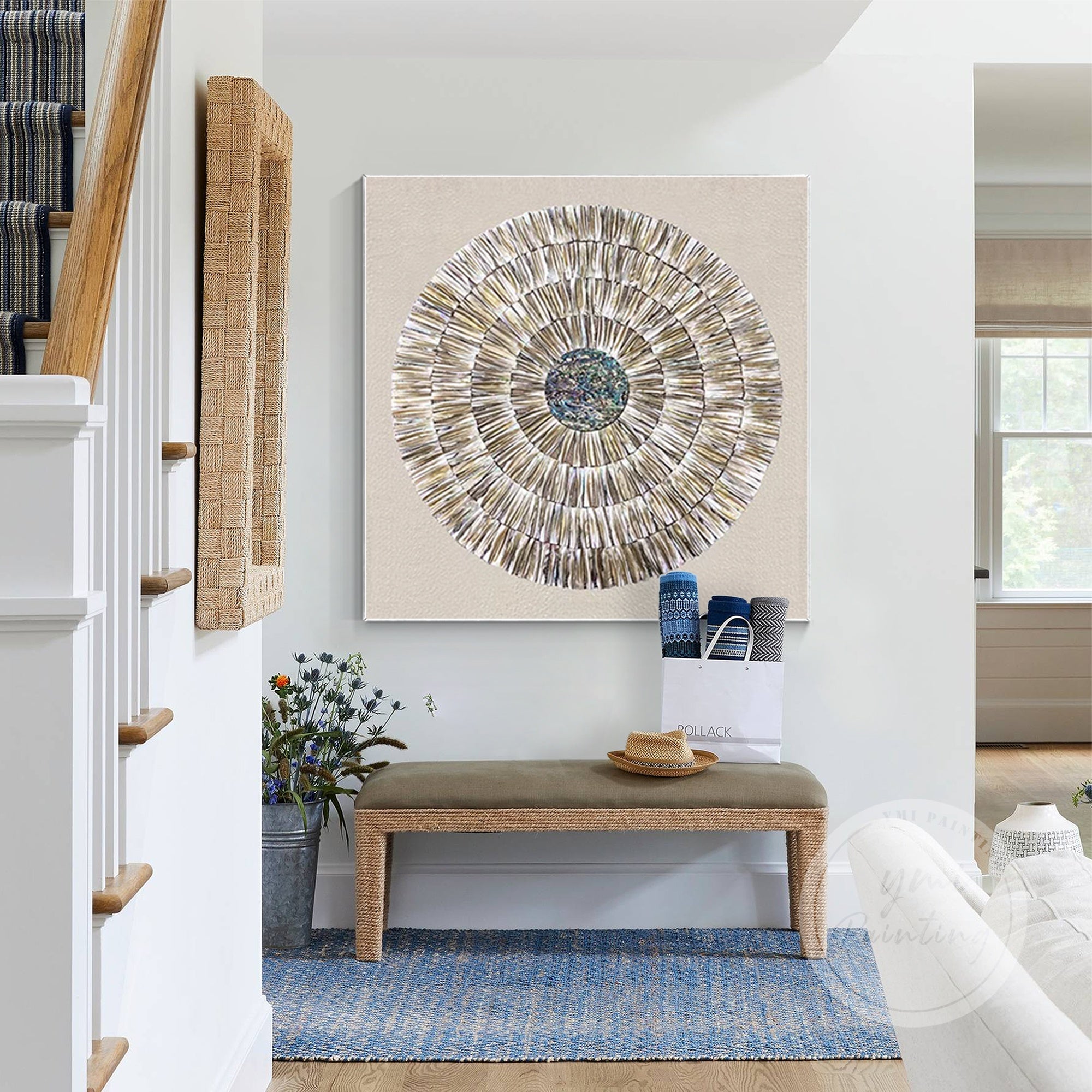 Handcrafted Oyster Shell Painting with a minimalist wabi-sabi aesthetic for coastal decor.