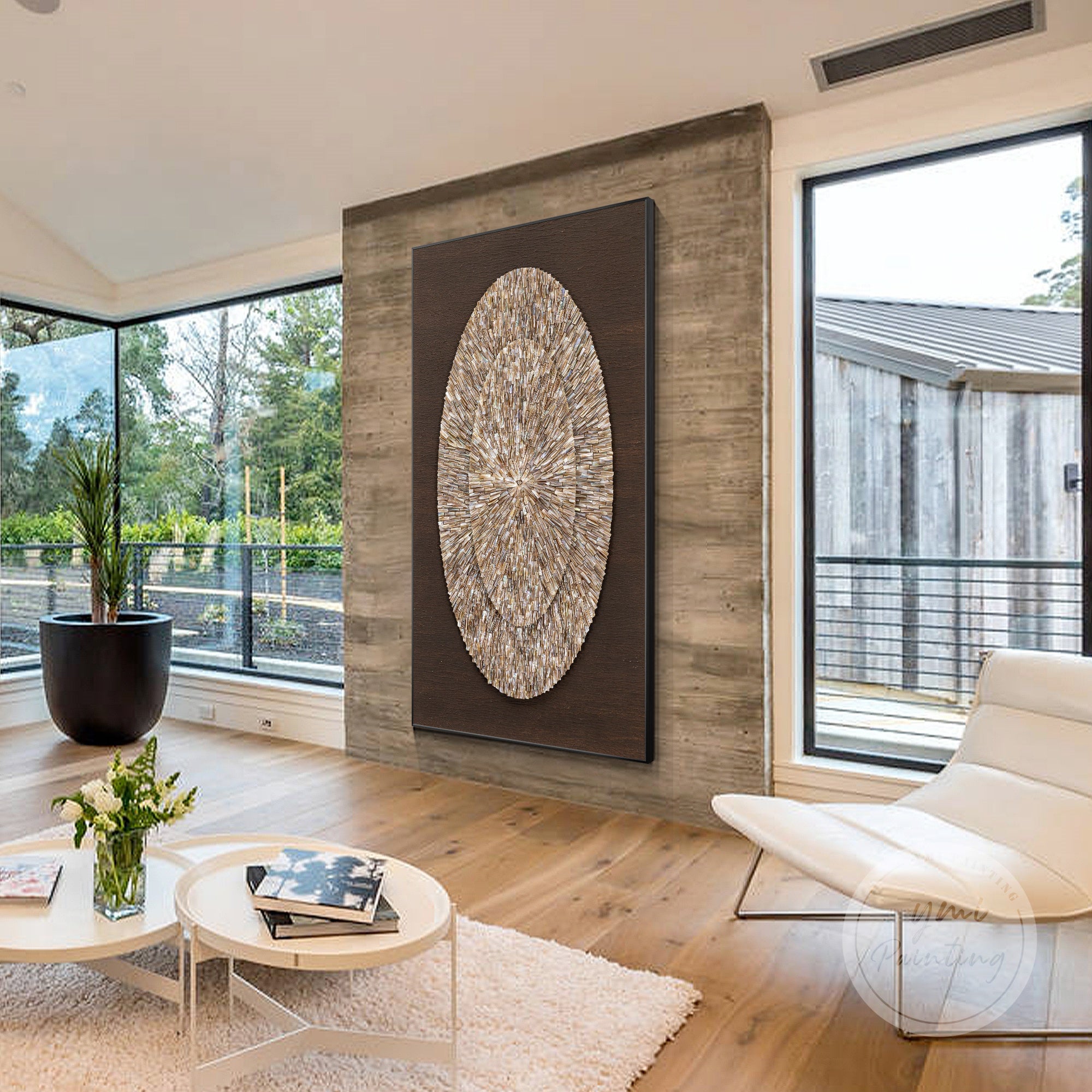 Large oval seashell art with sculptural brown shell layers and built-in ambient LED light.