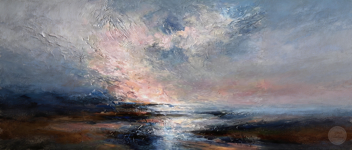Handcrafted style ocean landscape painting with textured details