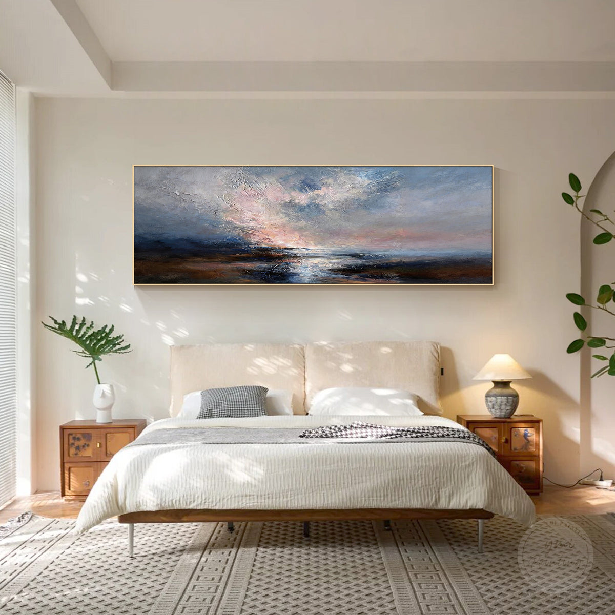 Abstract blue seascape painting with layered ocean texture and atmospheric sky