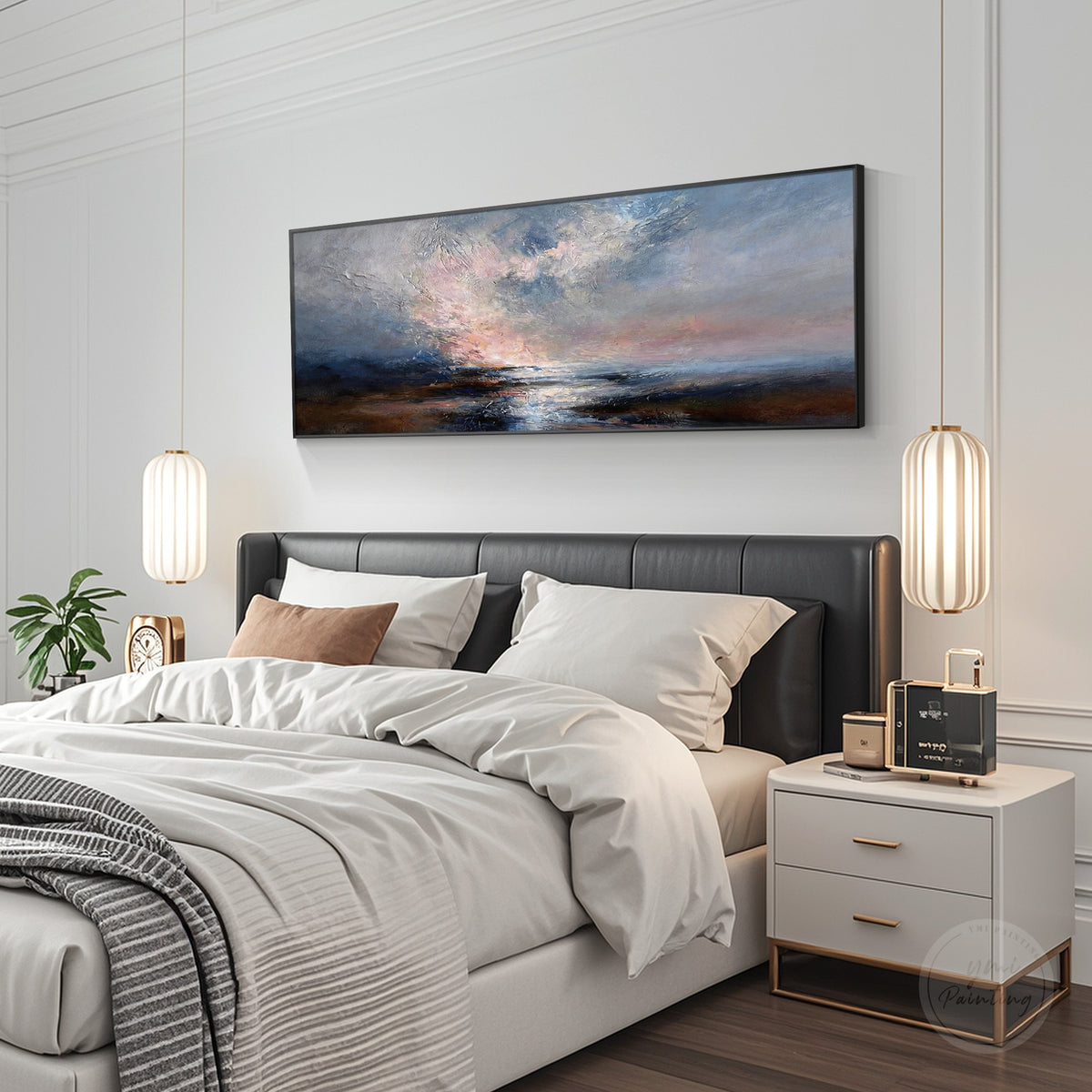 Large horizontal coastal landscape artwork with textured brushwork