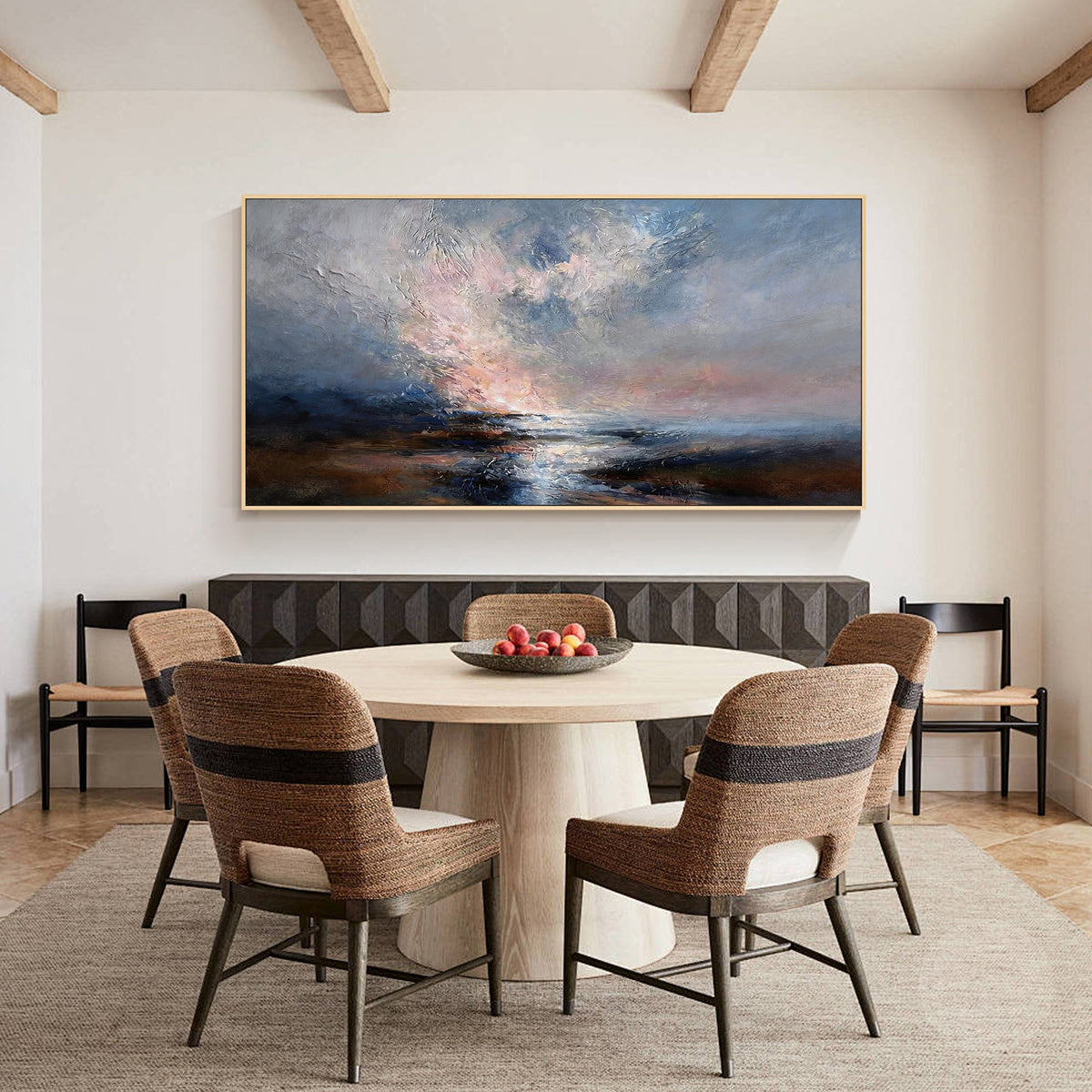 Modern ocean wall art featuring misty blue water and cloudy sky