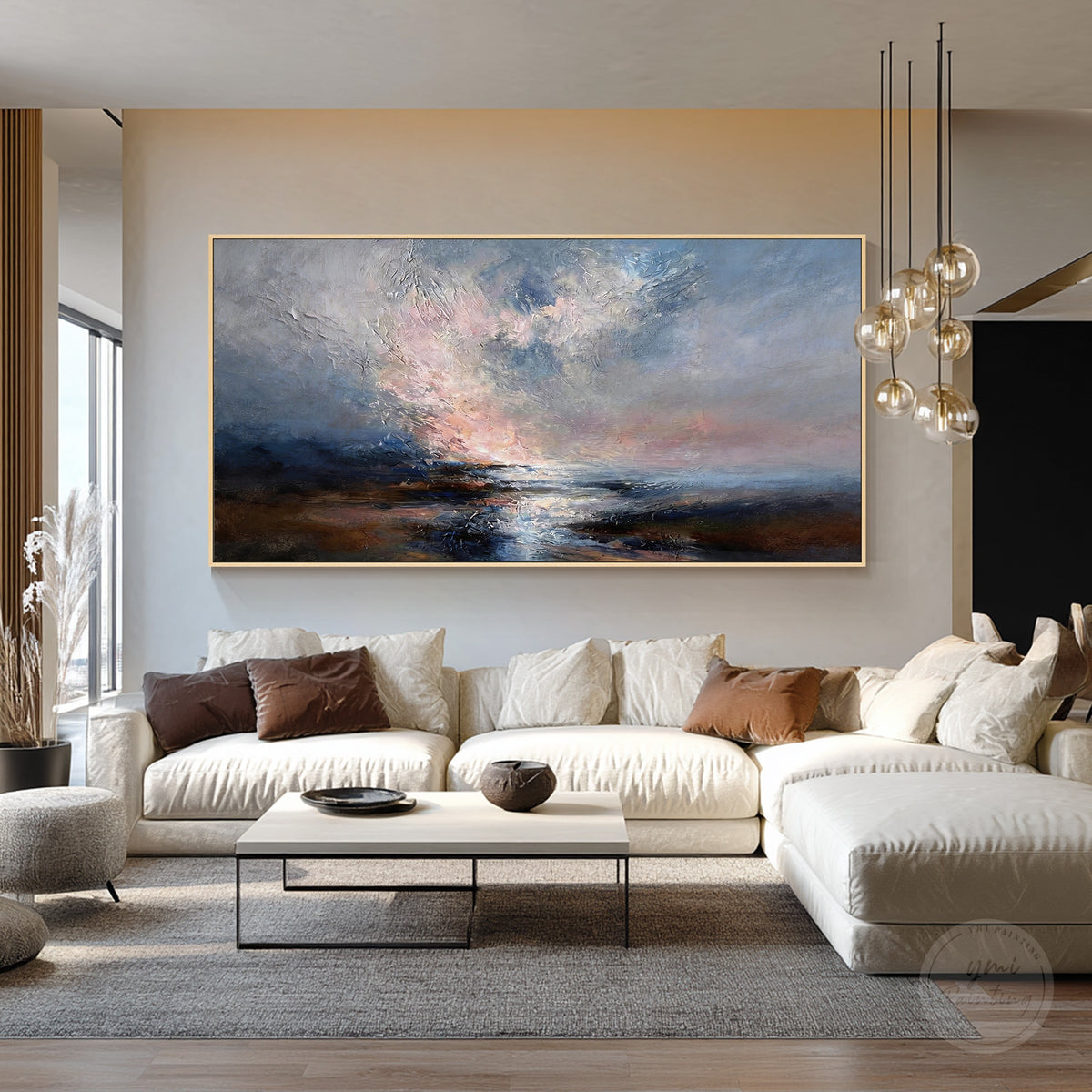 Abstract seascape canvas with navy blue ocean and soft neutral colors