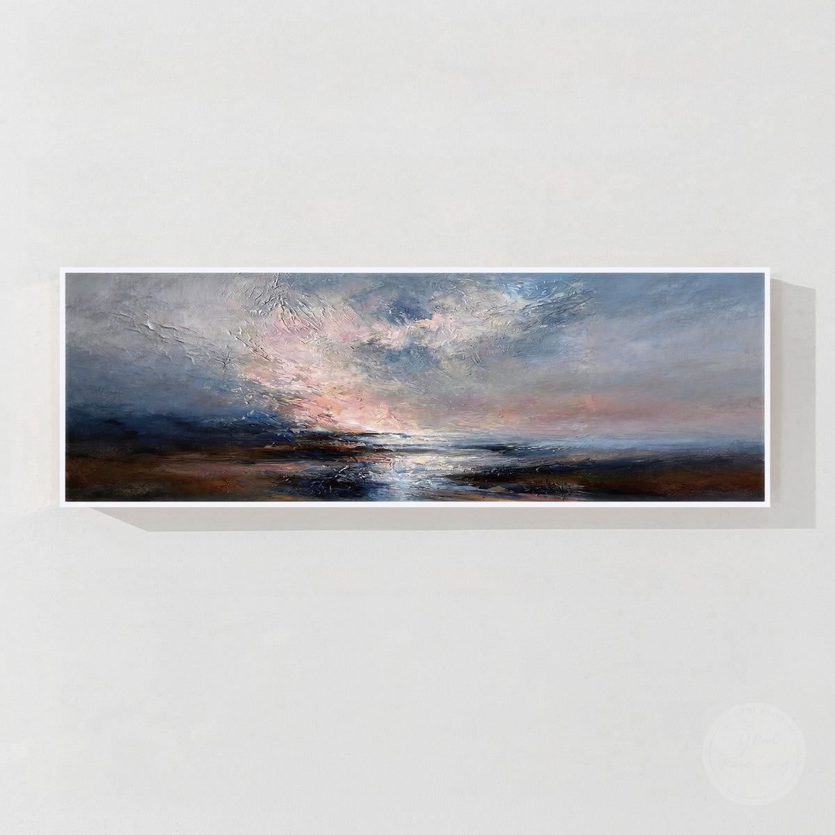 Large panoramic ocean artwork with horizon light and layered textures
