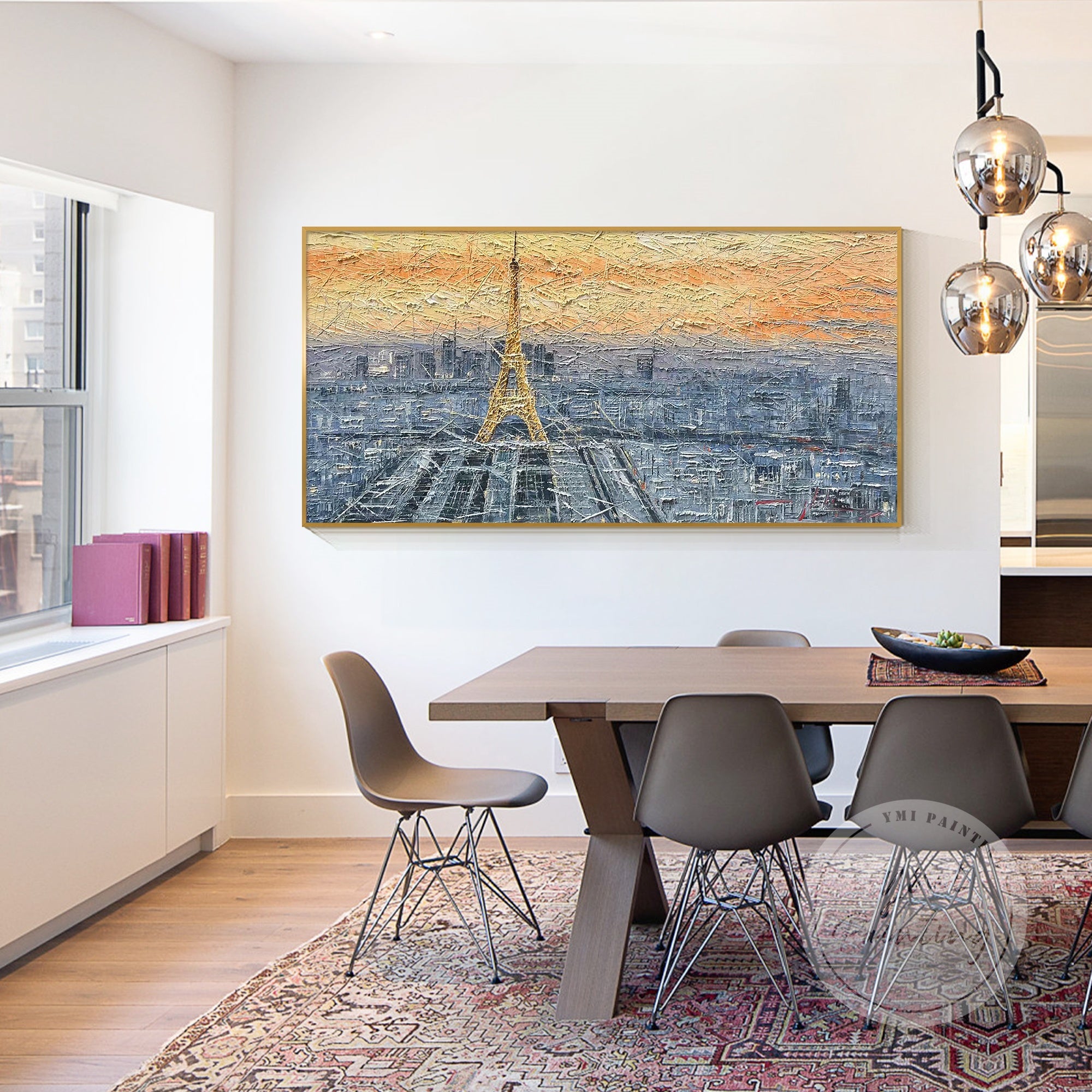 Sunrise over Paris, with a large, breathtaking view of the Eiffel Tower, capturing the early morning light in this stunning canvas wall art.