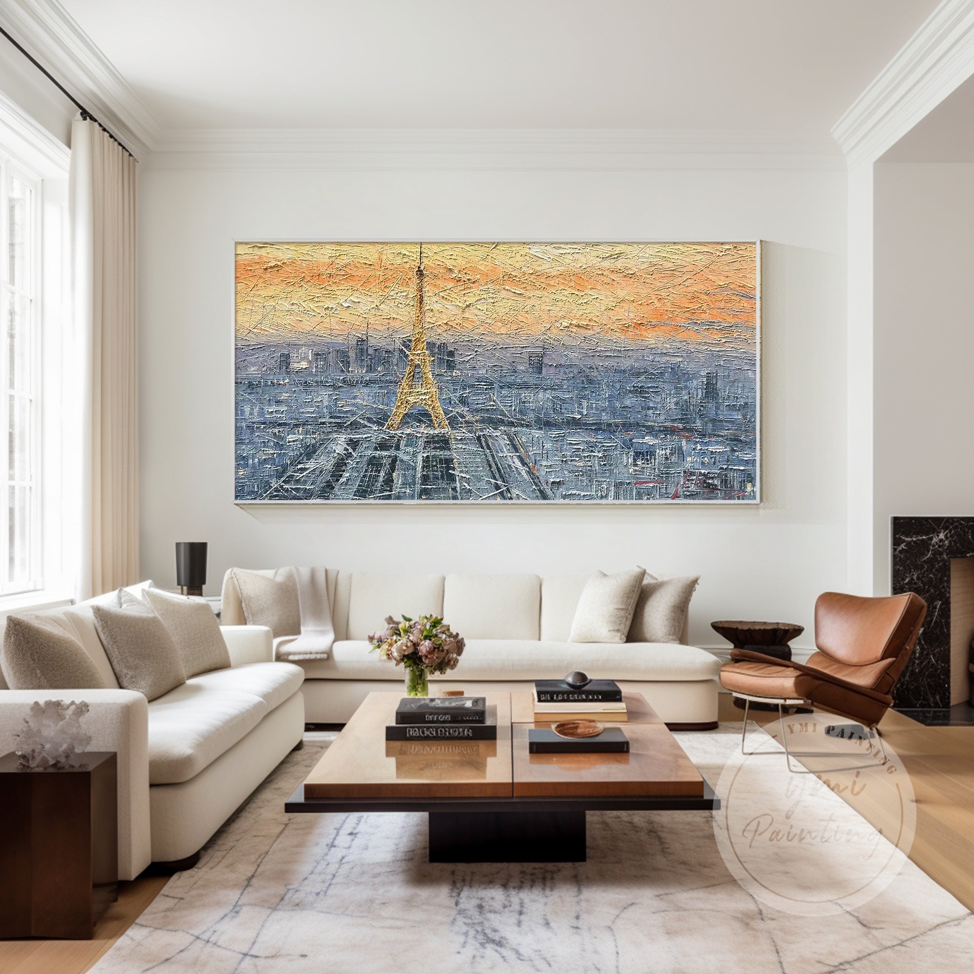 Beautiful sunrise scene of Paris, with warm tones and vibrant colors, featuring the Eiffel Tower as the focal point in this large canvas painting.