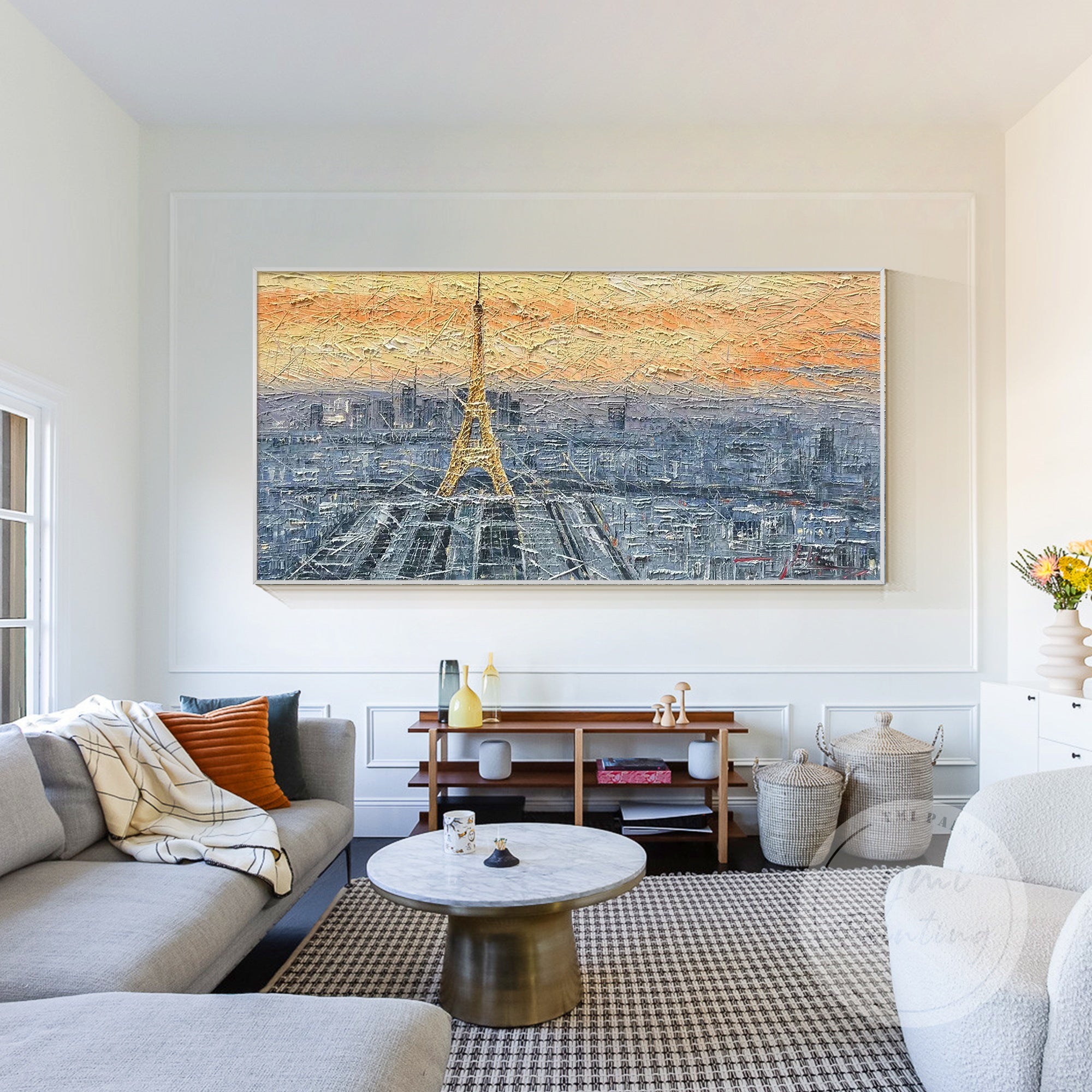 Large Paris canvas art, capturing the magical moment of sunrise over the iconic Eiffel Tower, perfect for adding sophistication to your decor.