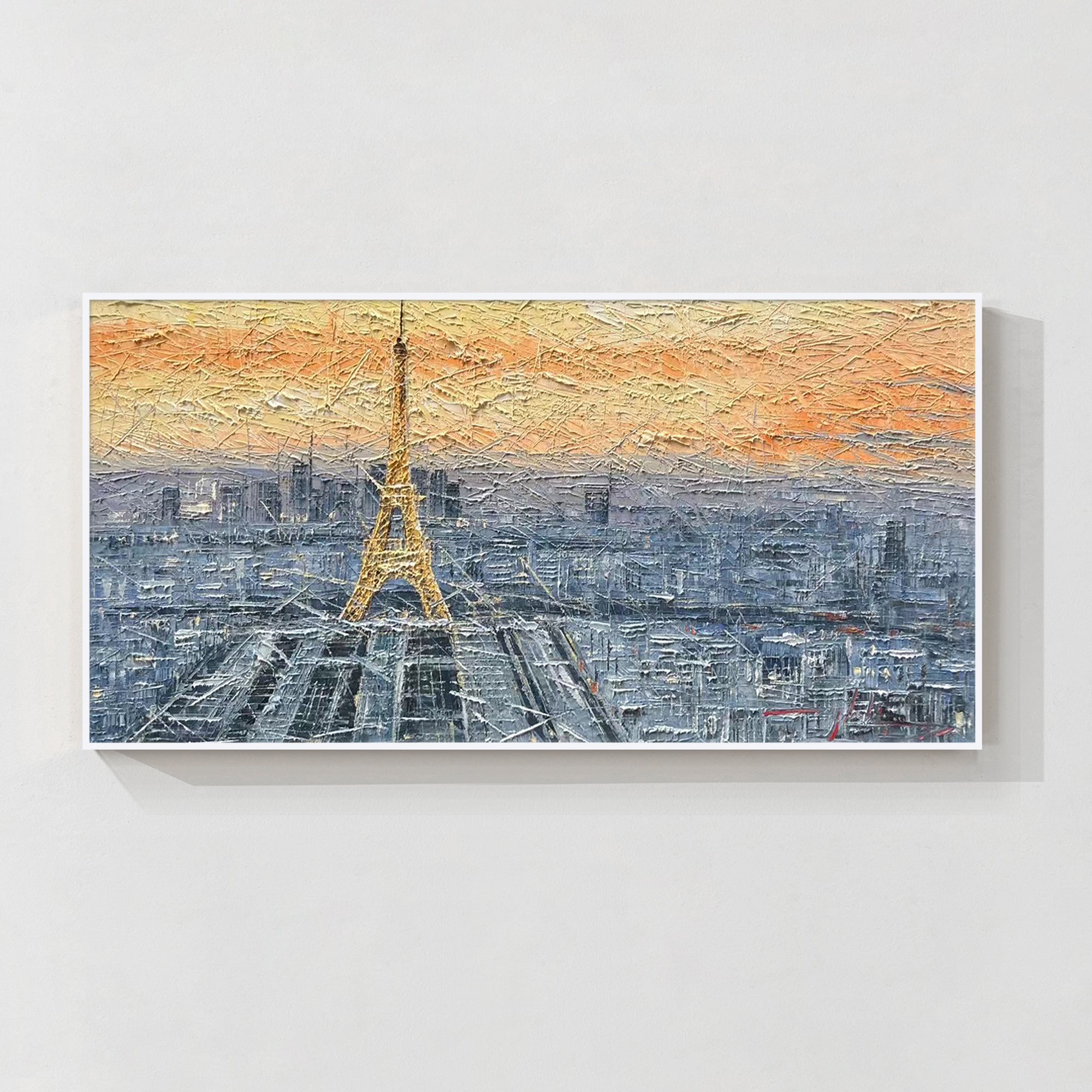 Stunning Paris skyline wall art featuring the Eiffel Tower at sunrise, creating a serene and peaceful ambiance in any room.
