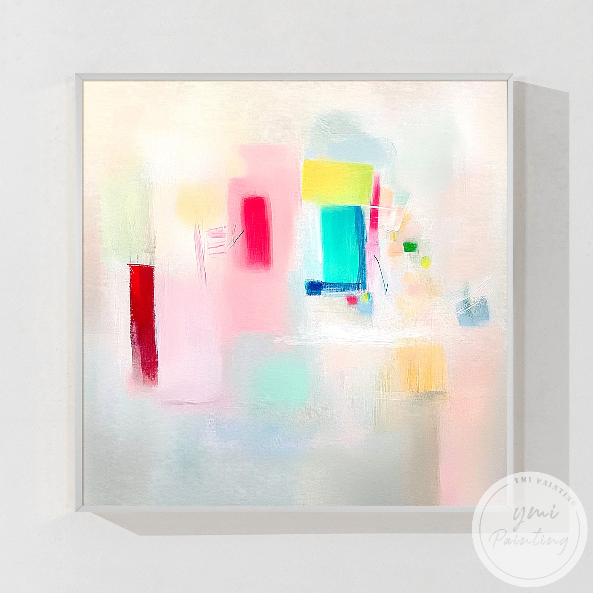 Modern colorful abstract canvas art displayed in minimalist dining room