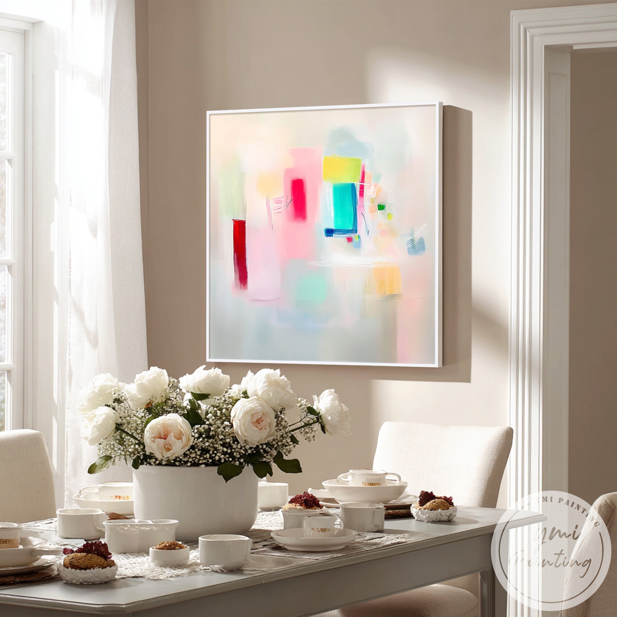 Minimalist abstract canvas painting with soft pink and blue tones in bright living room