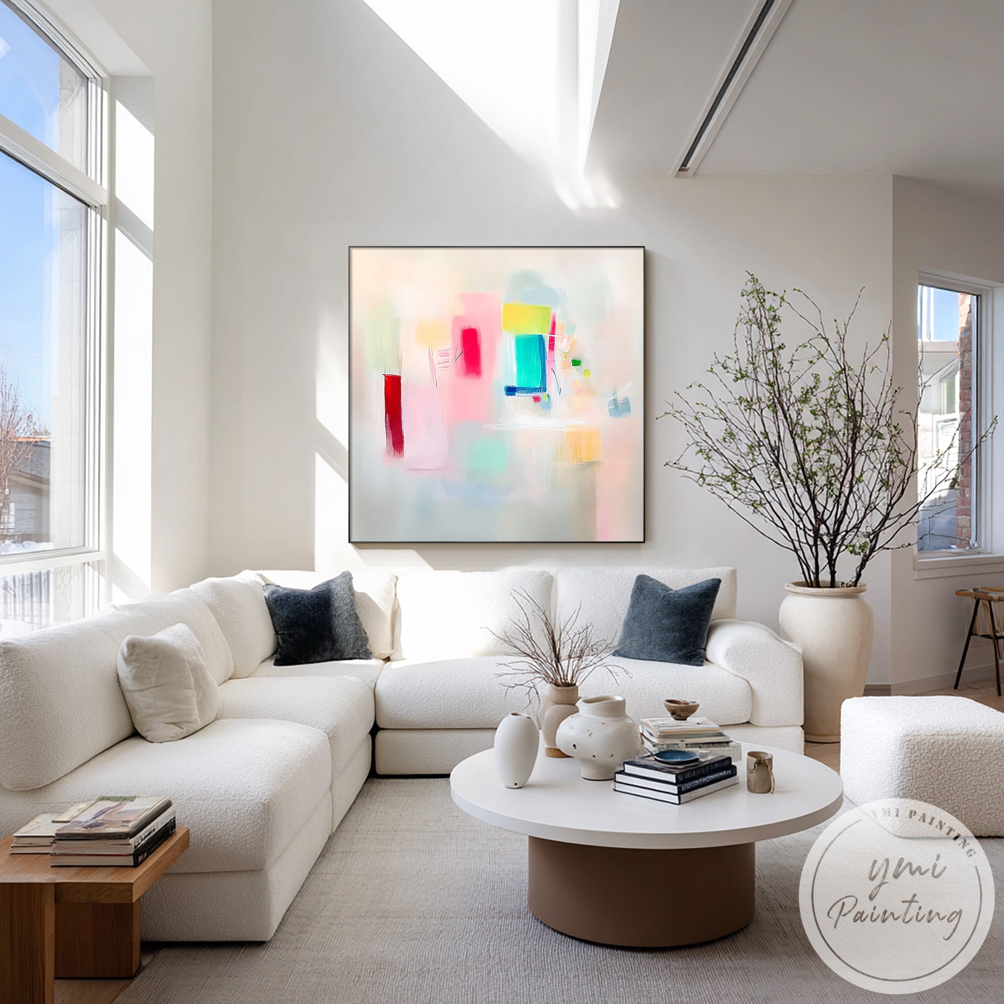 Modern colorful abstract canvas art displayed in minimalist dining room