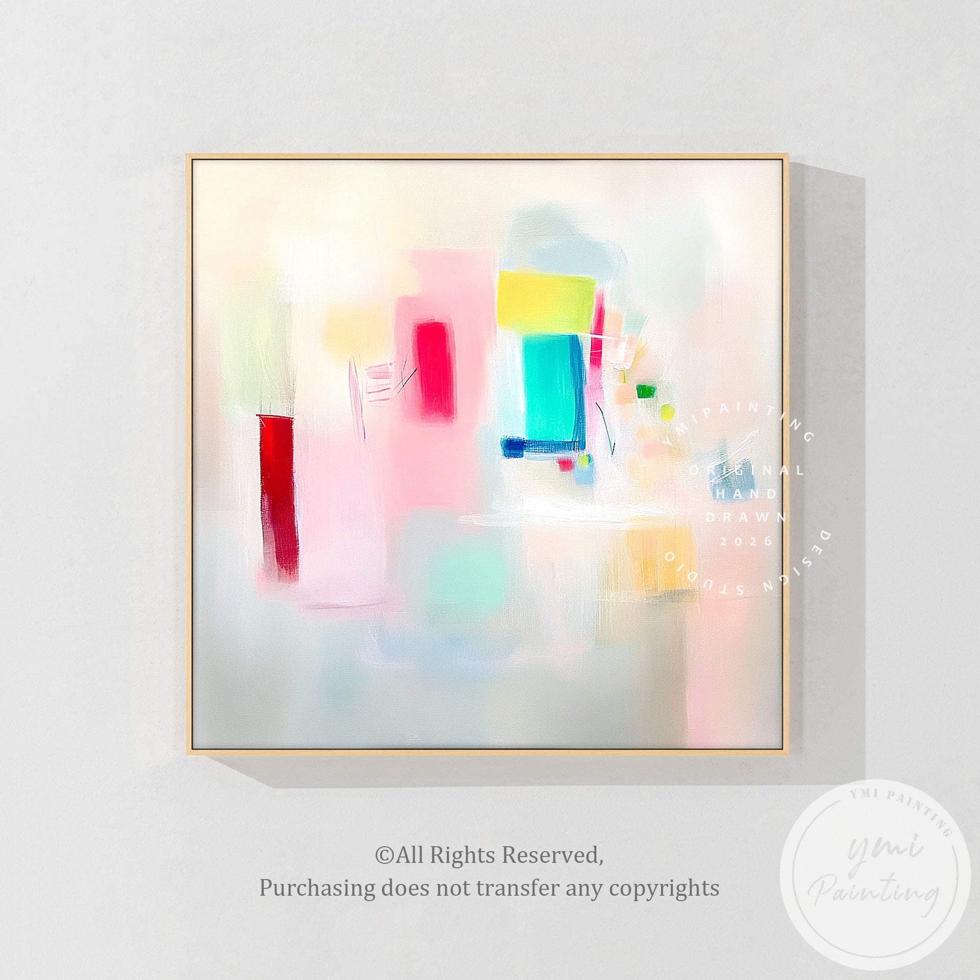 Modern colorful abstract canvas art displayed in minimalist dining room