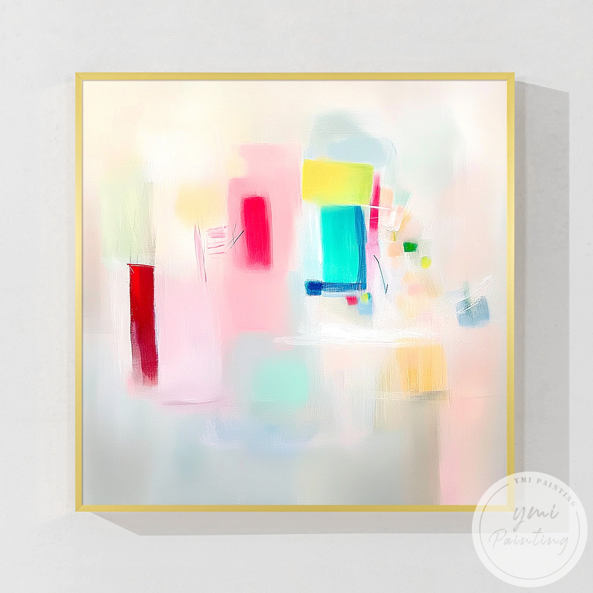 Colorful pastel abstract wall art above modern white living room sofa