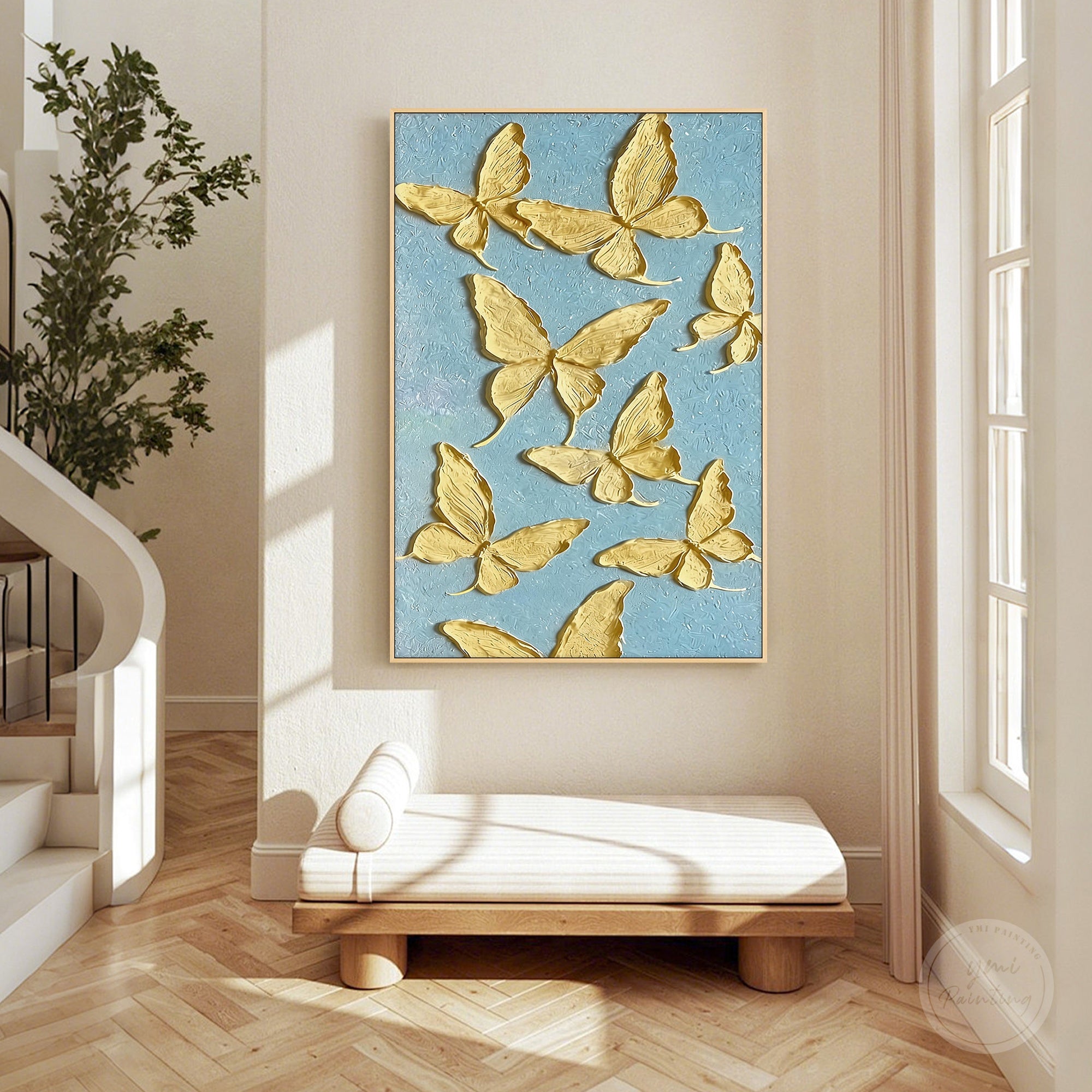 Pastel yellow butterfly artwork on blue textured background