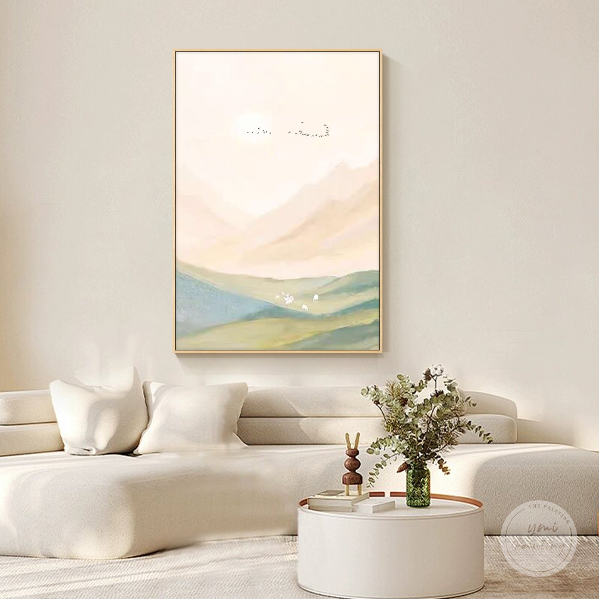 Hand painted flying birds over a green grass field