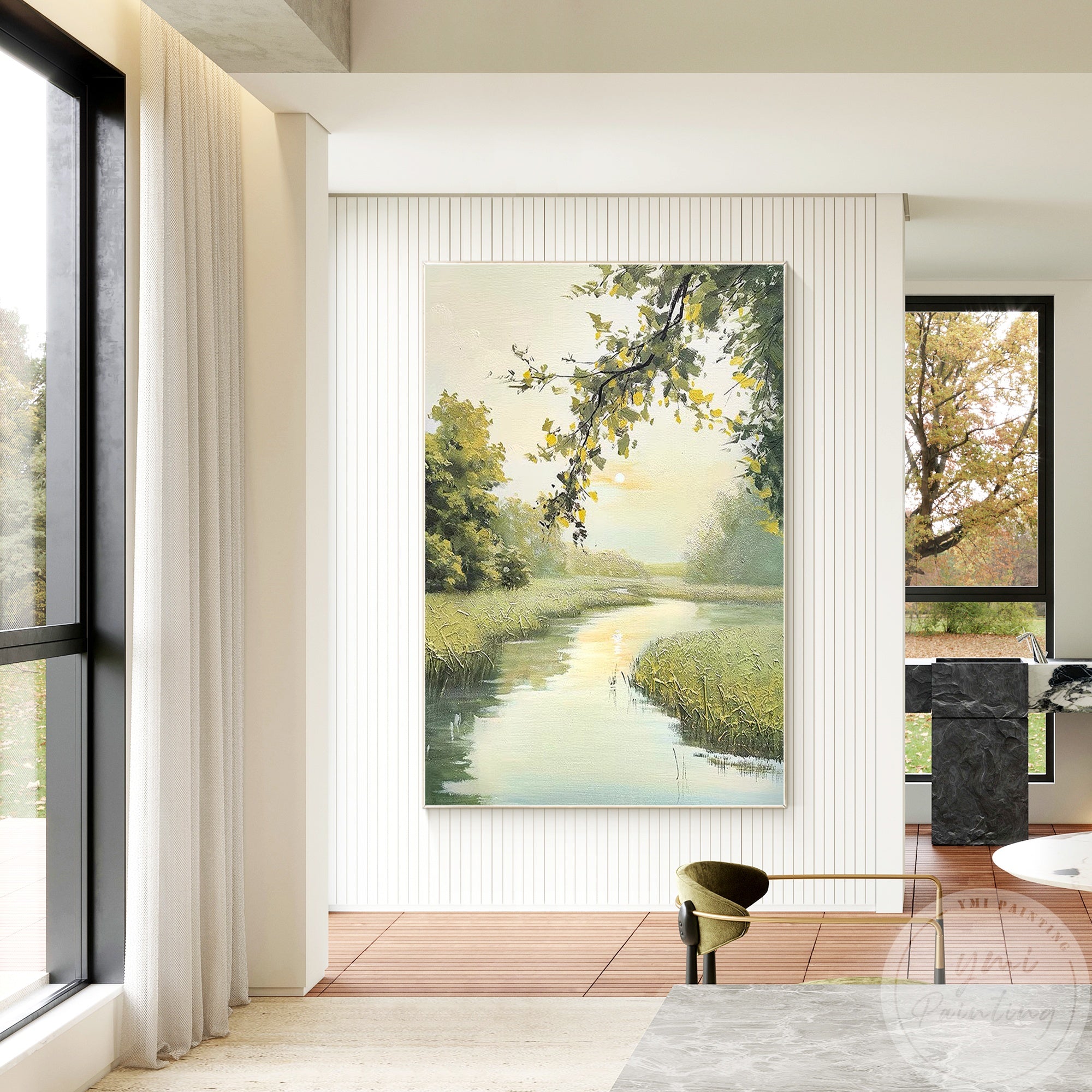 This riverside wall art, featuring grassy banks and a clear sky reflection, brings warmth and tranquility to mordern style home.