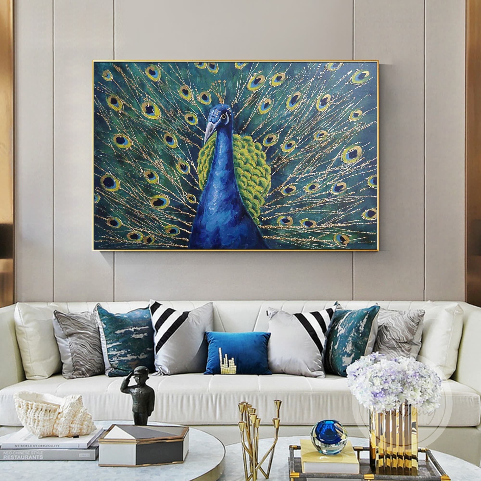 Elegant Peacock Painting with gold and peacock blue feathers in abstract style on canvas.