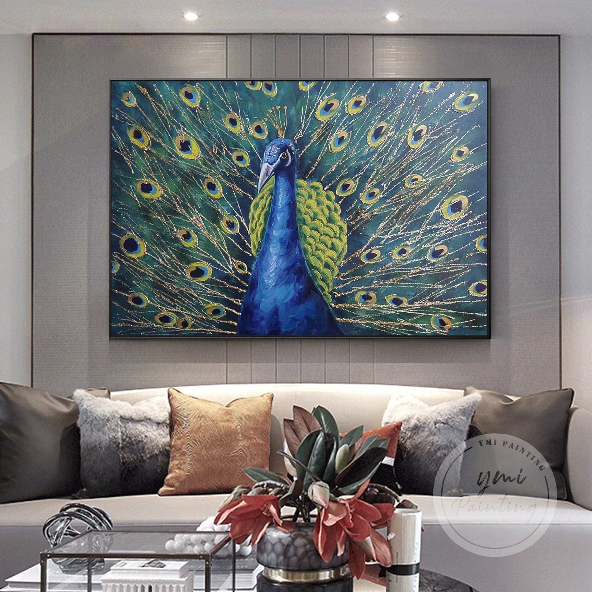 Large Modern Peacock Wall Art featuring textured golden feather details on a vibrant blue background.