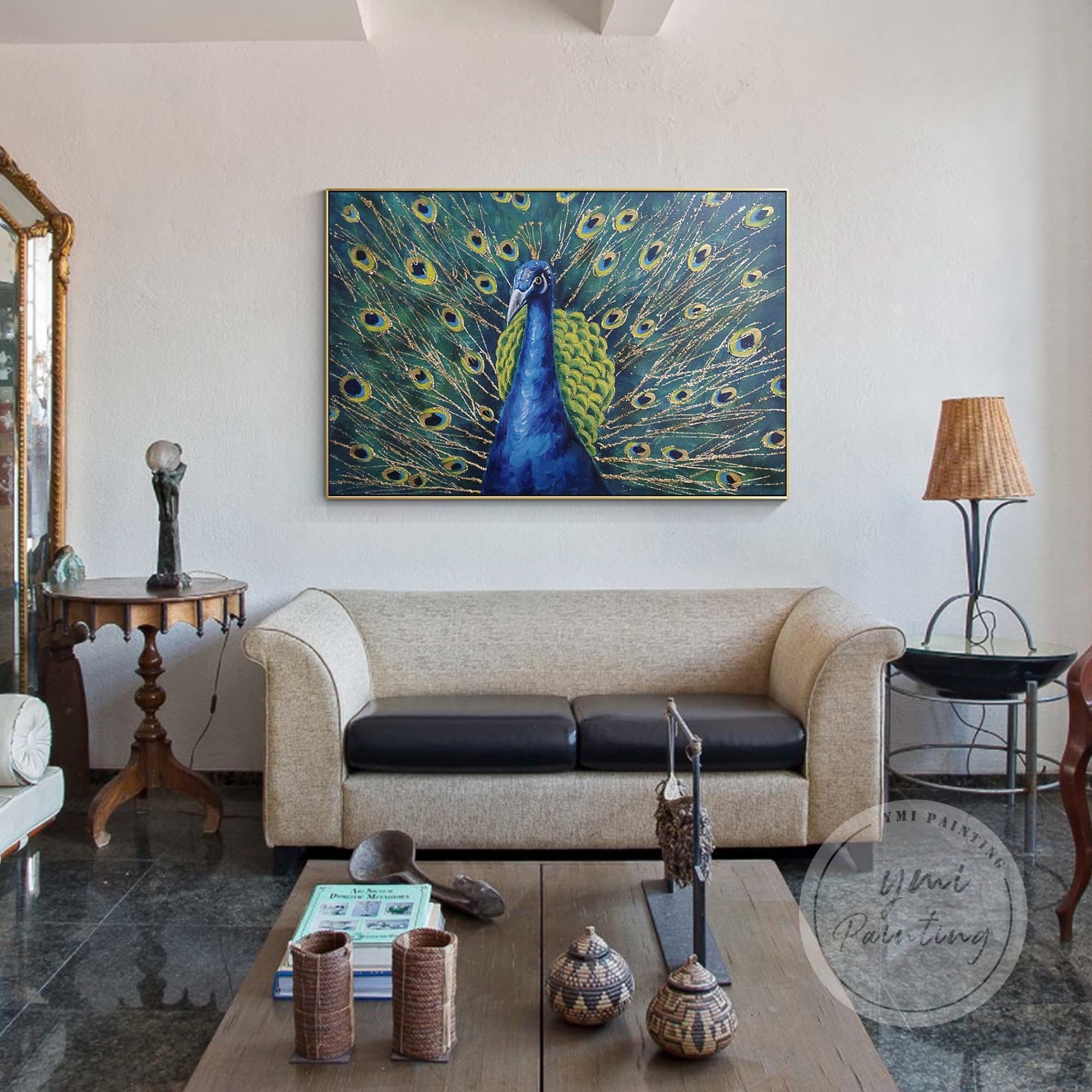 Abstract Blue and Gold Peacock Painting, ideal for statement walls in contemporary spaces.