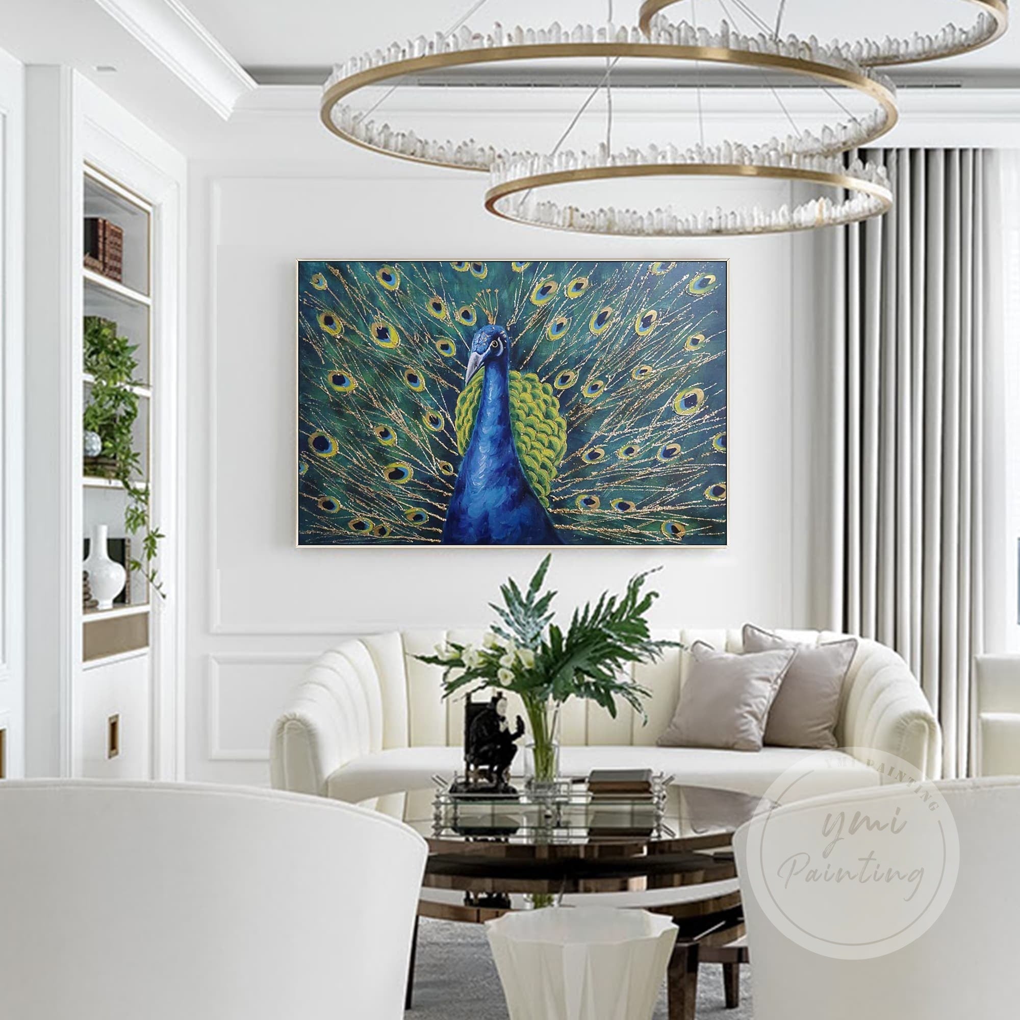 Peacock Feather Canvas Art with shimmering gold accents, adding glamour and depth.