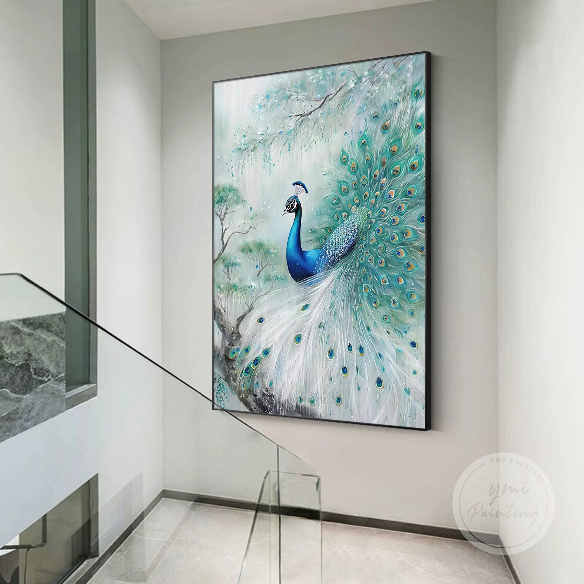 Luxury oil painting of a peacock in aqua and turquoise, perfect for gifting to friends or family, ideal for living room, office, or hotel lobby décor.