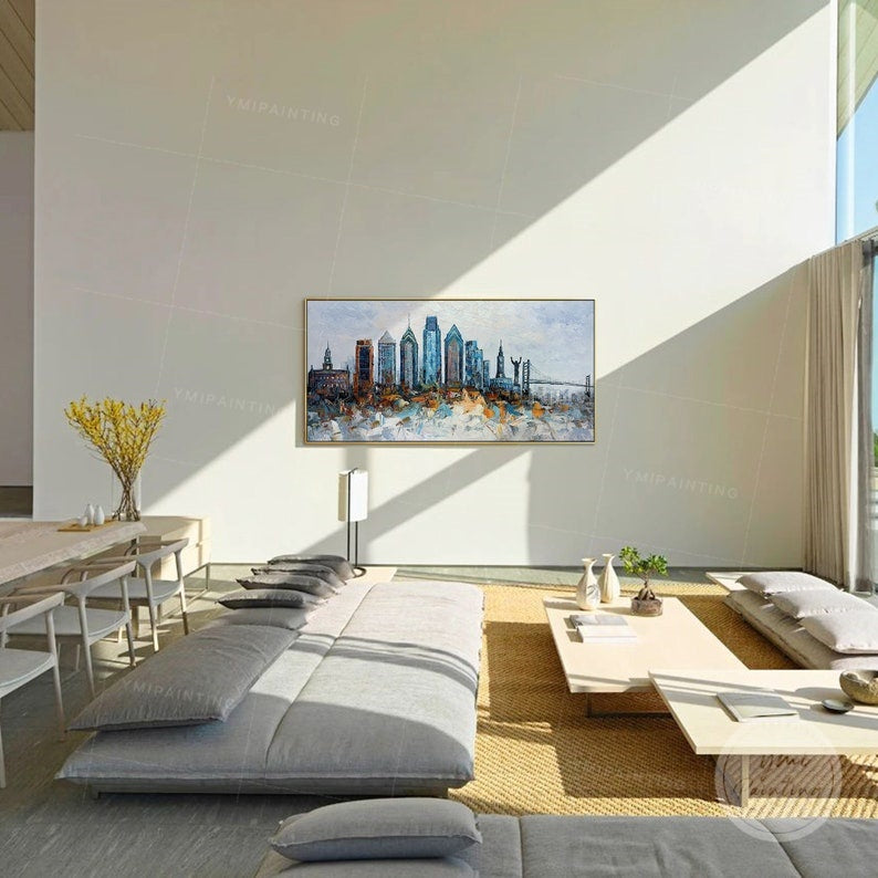 Hand-painted Philadelphia cityscape, showcasing the skyline with textured palette knife strokes.