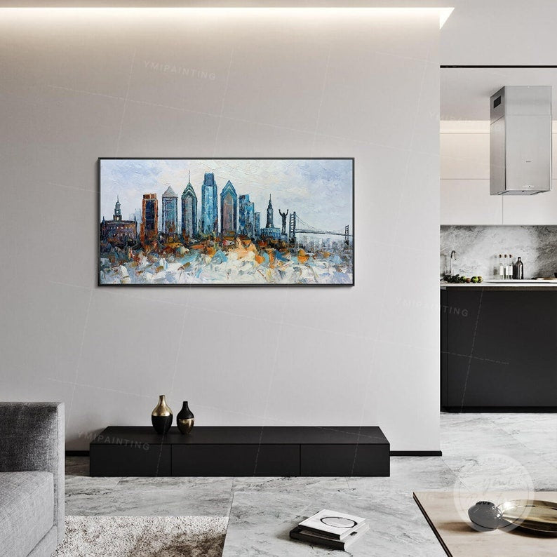 Abstract Philadelphia skyline oil painting, framed canvas art featuring bold texture and dynamic design.