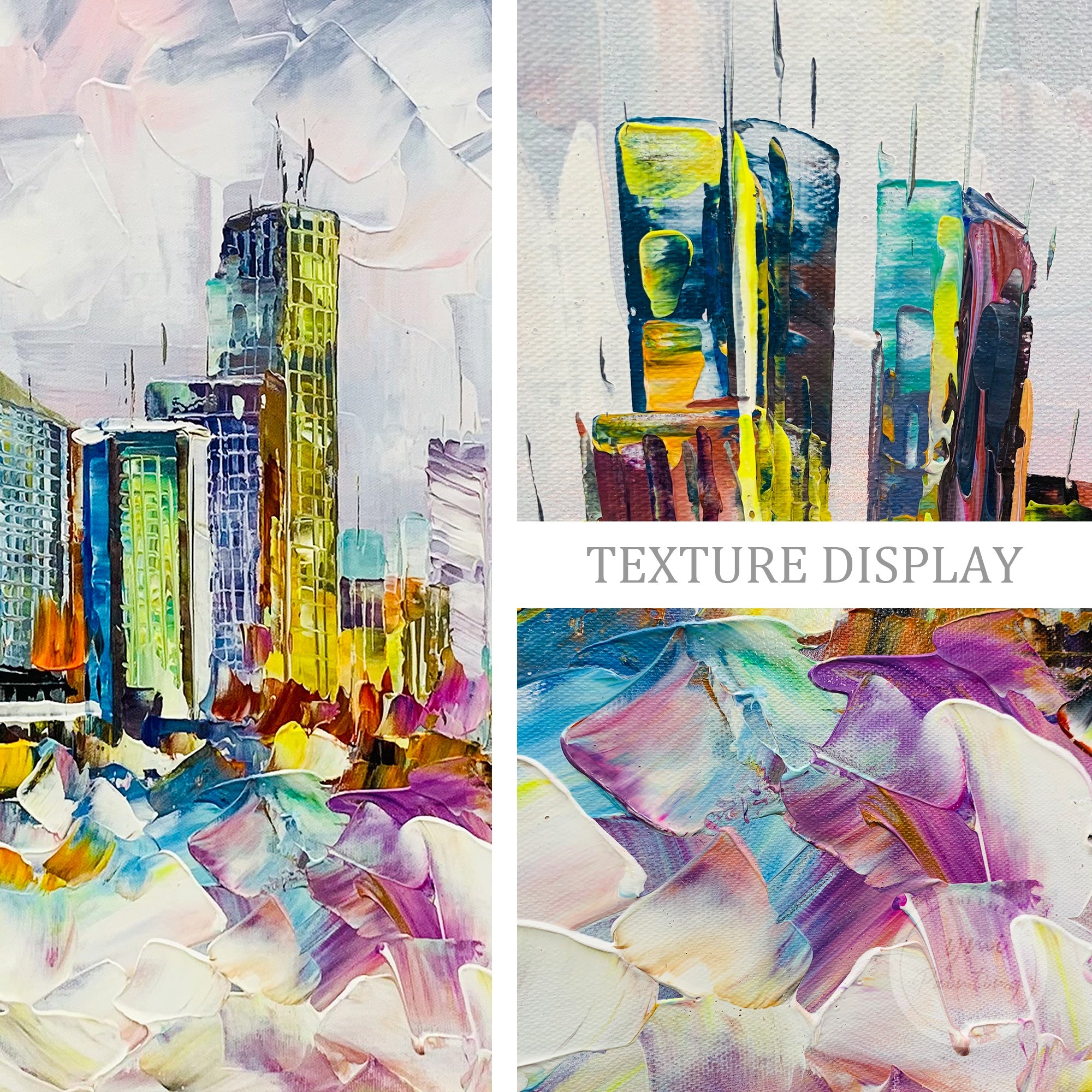 Philadelphia skyline acrylic painting, with vibrant palette knife technique capturing the city's energy.