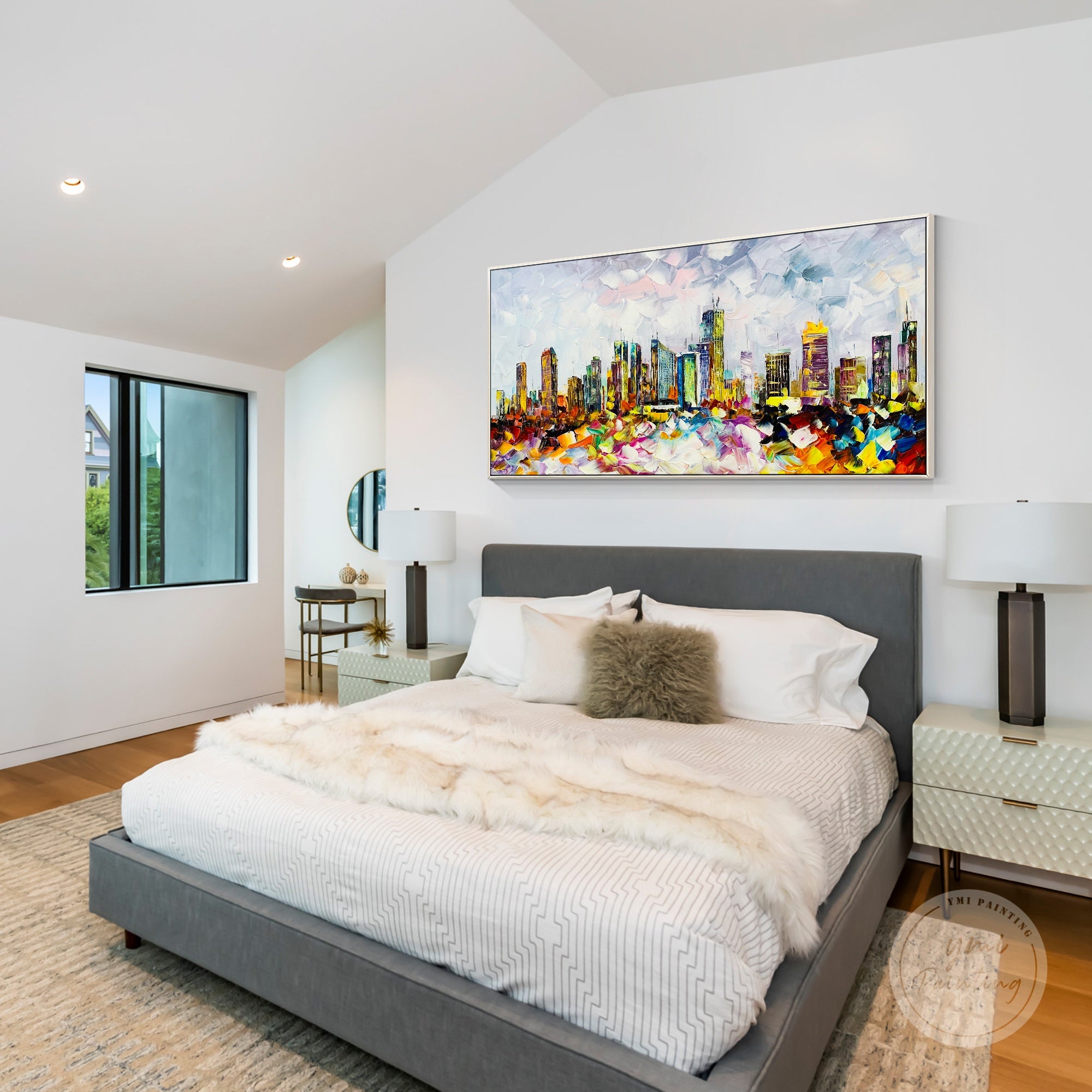 Textured Philadelphia skyline acrylic painting, modern cityscape art with expressive palette knife technique.